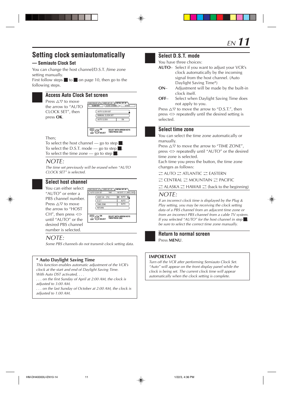 Setting clock semiautomatically, Access auto clock set screen, Select host channel | Select d.s.t. mode, Select time zone, Return to normal screen | JVC HD-DH40000U User Manual | Page 11 / 92
