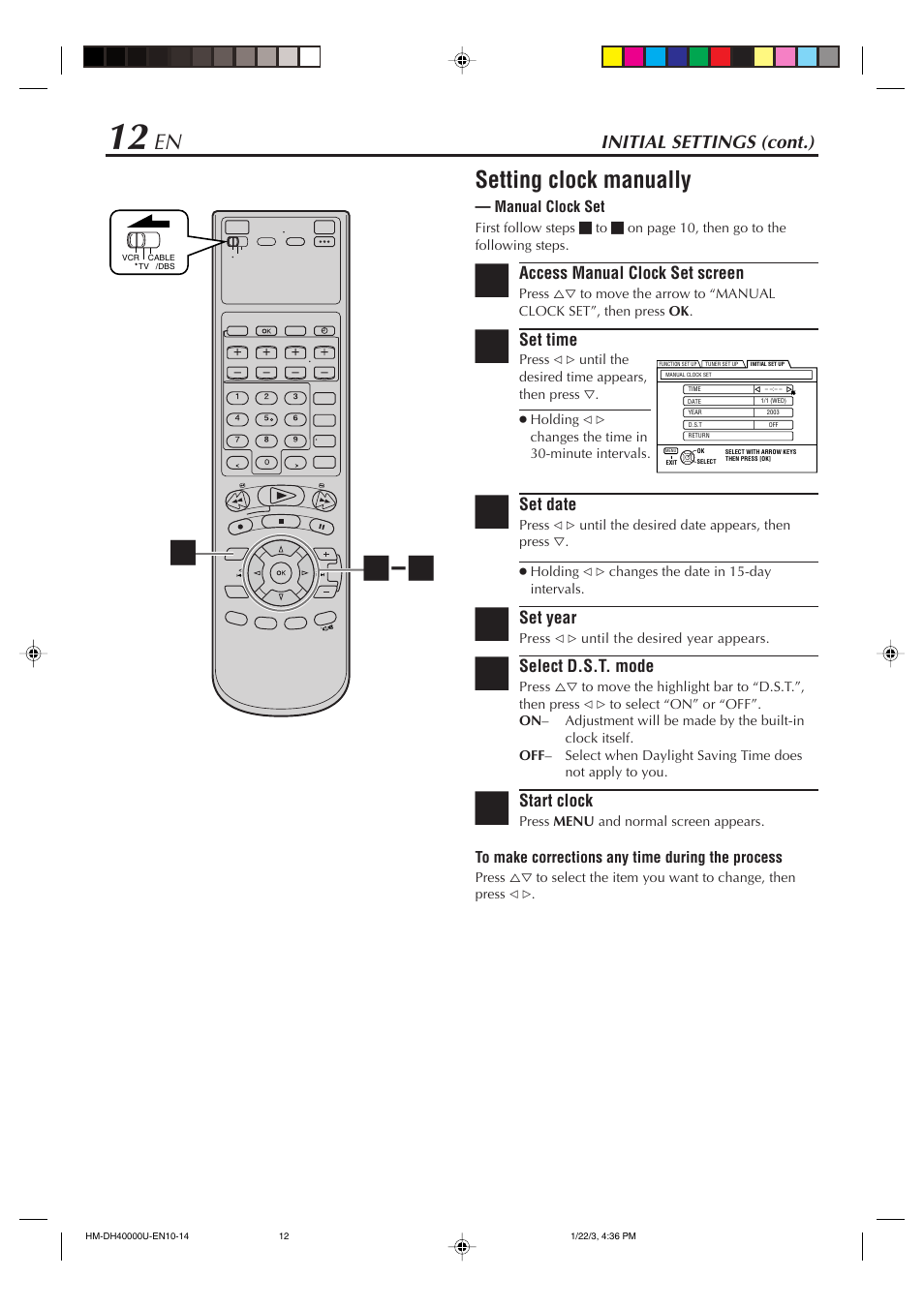 Setting clock manually, Initial settings (cont.) | JVC HD-DH40000U User Manual | Page 12 / 92