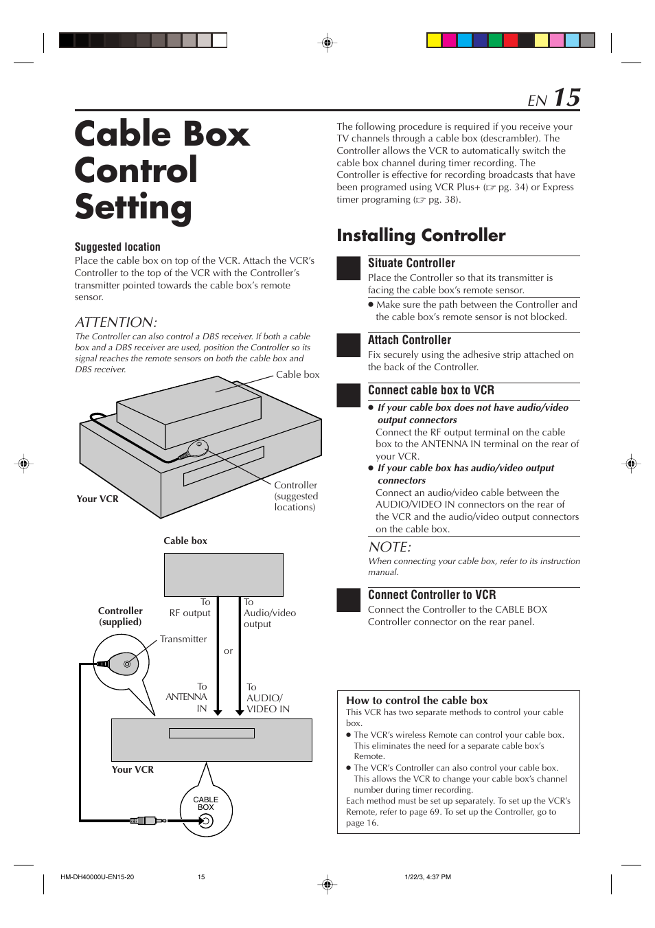 Cable box control setting, Installing controller, Attention | JVC HD-DH40000U User Manual | Page 15 / 92