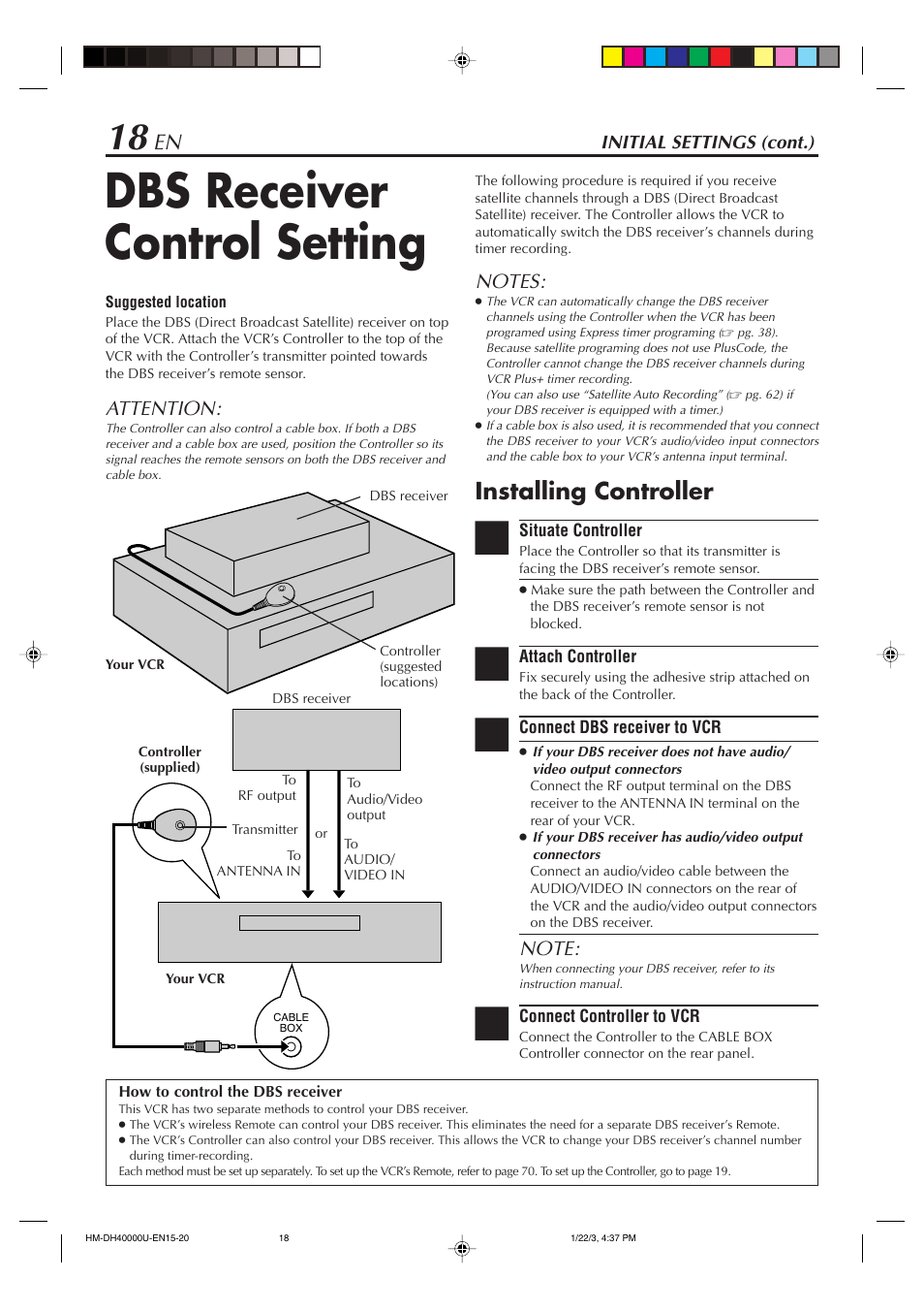 Dbs receiver control setting, Installing controller, Attention | JVC HD-DH40000U User Manual | Page 18 / 92