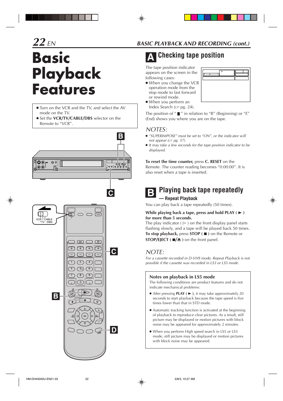 Basic playback features, Checking tape position, Playing back tape repeatedly | Dc b, Basic playback and recording (cont.) | JVC HD-DH40000U User Manual | Page 22 / 92