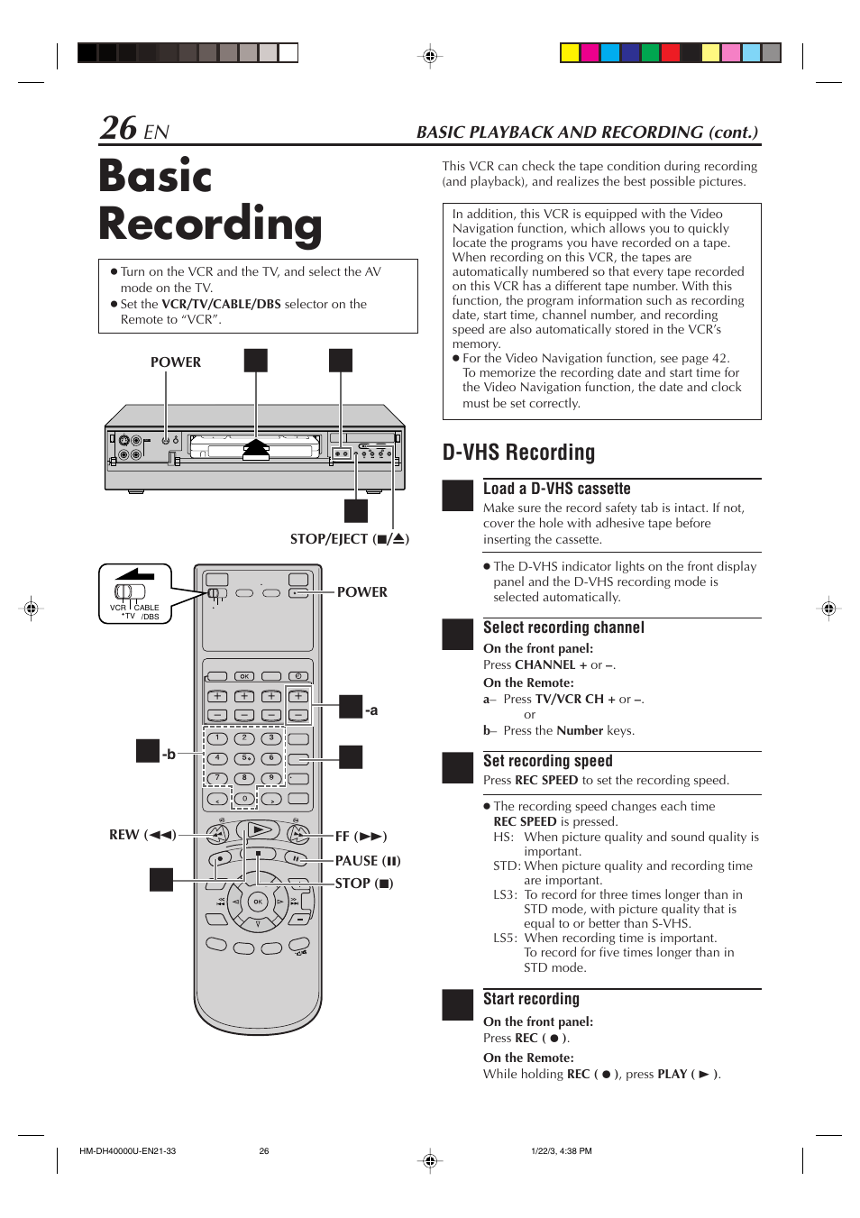 Basic recording, D-vhs recording | JVC HD-DH40000U User Manual | Page 26 / 92