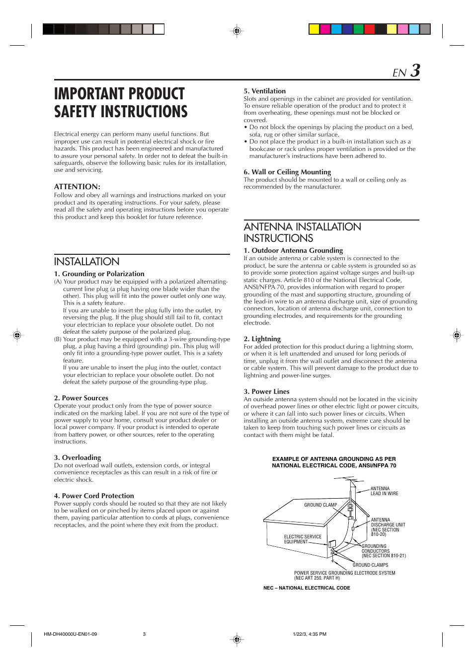 Important product safety instructions, Installation, Antenna installation instructions | JVC HD-DH40000U User Manual | Page 3 / 92