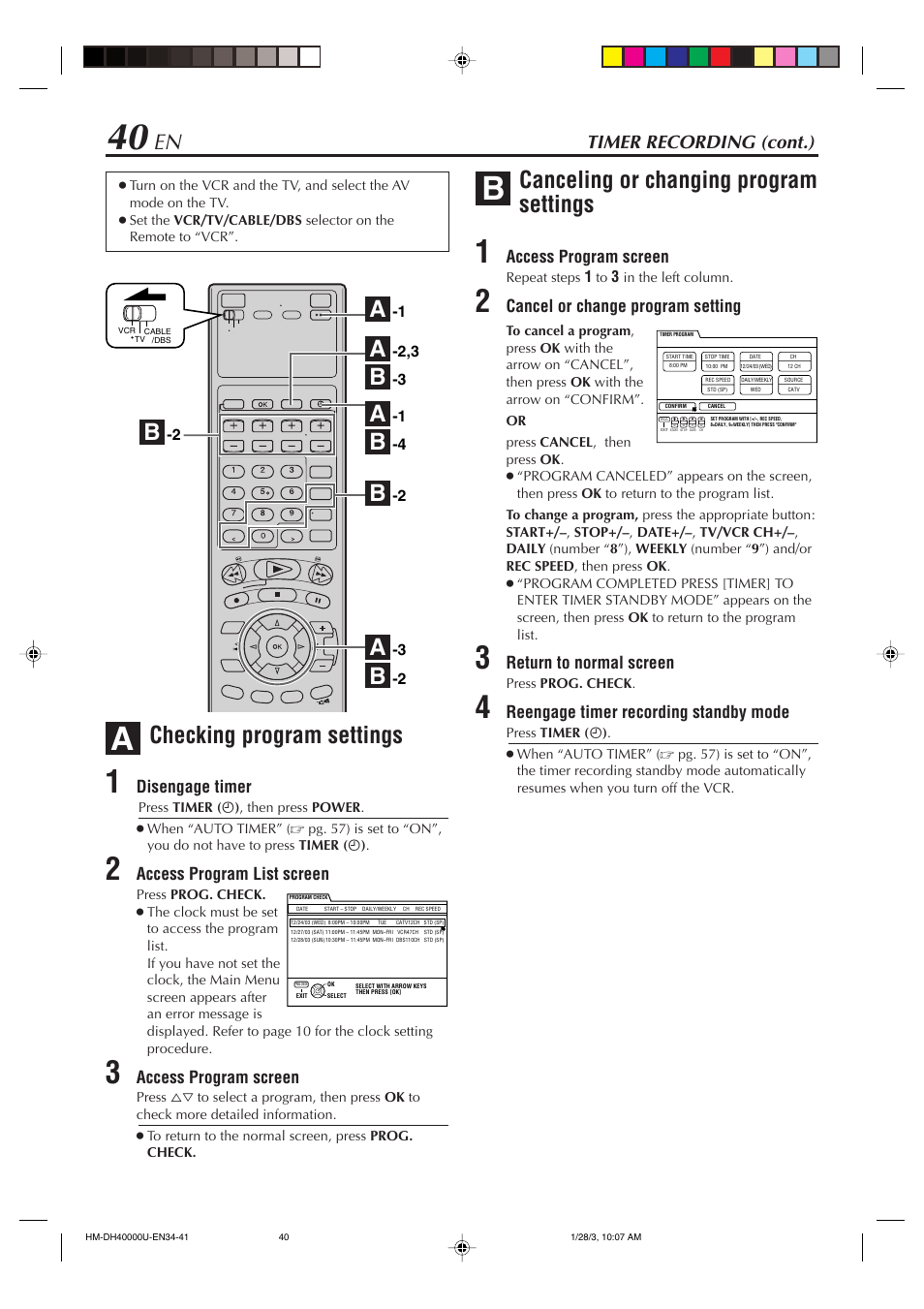 Checking program settings, Canceling or changing program settings, Timer recording (cont.) | JVC HD-DH40000U User Manual | Page 40 / 92