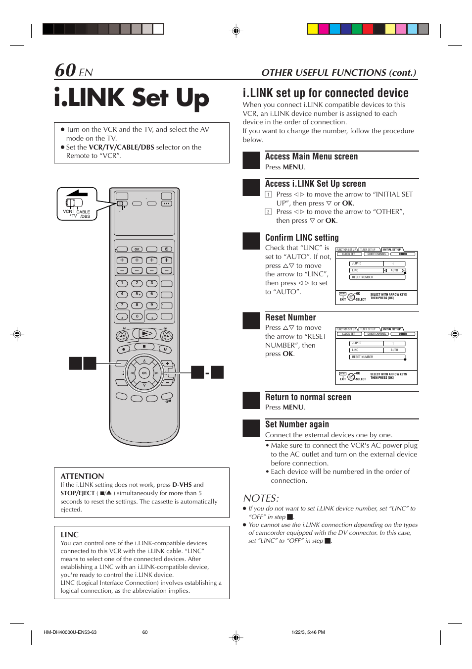 I.link set up, I.link set up for connected device, Other useful functions (cont.) | JVC HD-DH40000U User Manual | Page 60 / 92