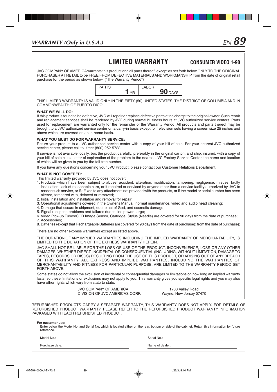 Limited warranty, Warranty (only in u.s.a.) | JVC HD-DH40000U User Manual | Page 89 / 92