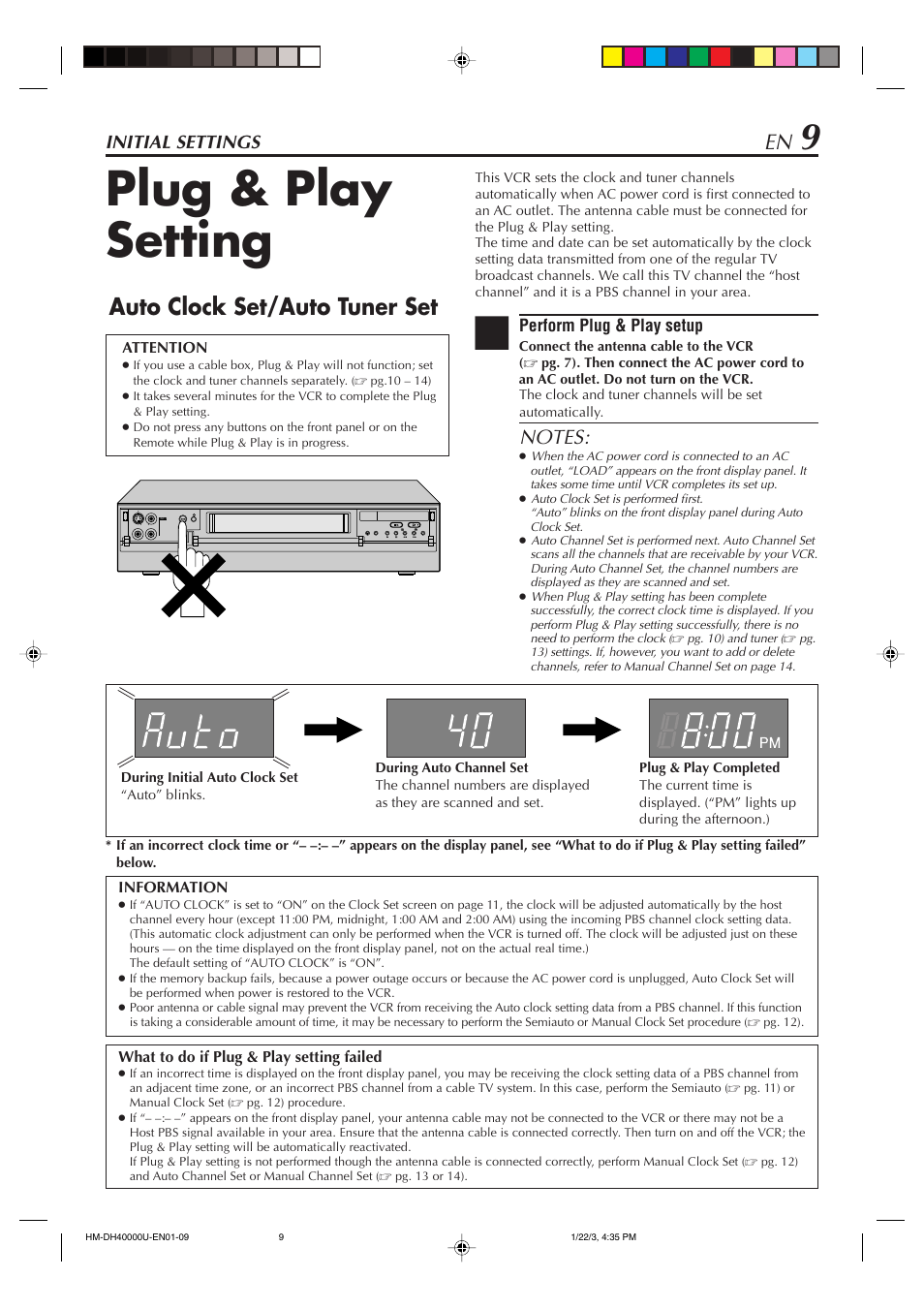 Plug & play setting, Auto clock set/auto tuner set, Initial settings | JVC HD-DH40000U User Manual | Page 9 / 92