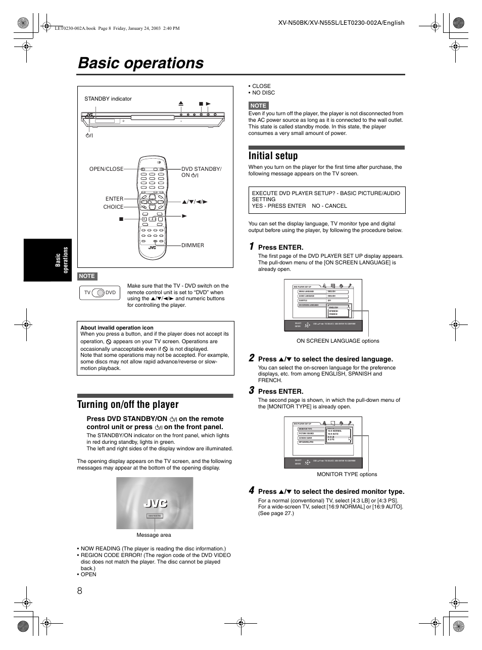 Basic operations, Turning on/off the player, Initial setup | JVC XV-N50BK User Manual | Page 10 / 41