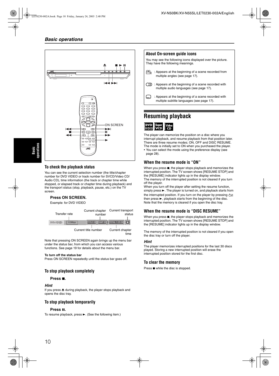 Resuming playback, Basic operations | JVC XV-N50BK User Manual | Page 12 / 41