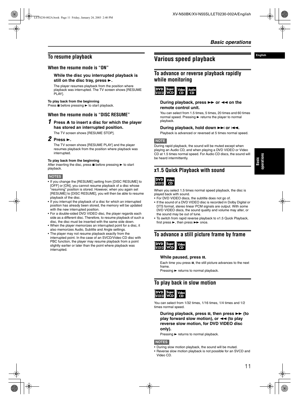 Various speed playback, X1.5 quick playback with sound, Basic operations | JVC XV-N50BK User Manual | Page 13 / 41