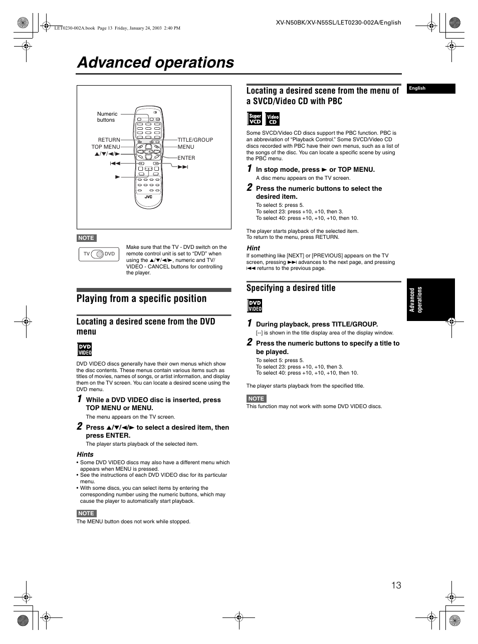 Advanced operations, Playing from a specific position, Locating a desired scene from the dvd menu | Specifying a desired title | JVC XV-N50BK User Manual | Page 15 / 41