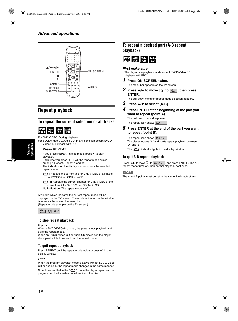 Repeat playback, Advanced operations, Chap | JVC XV-N50BK User Manual | Page 18 / 41