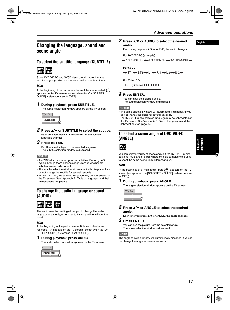Changing the language, sound and scene angle, Advanced operations | JVC XV-N50BK User Manual | Page 19 / 41
