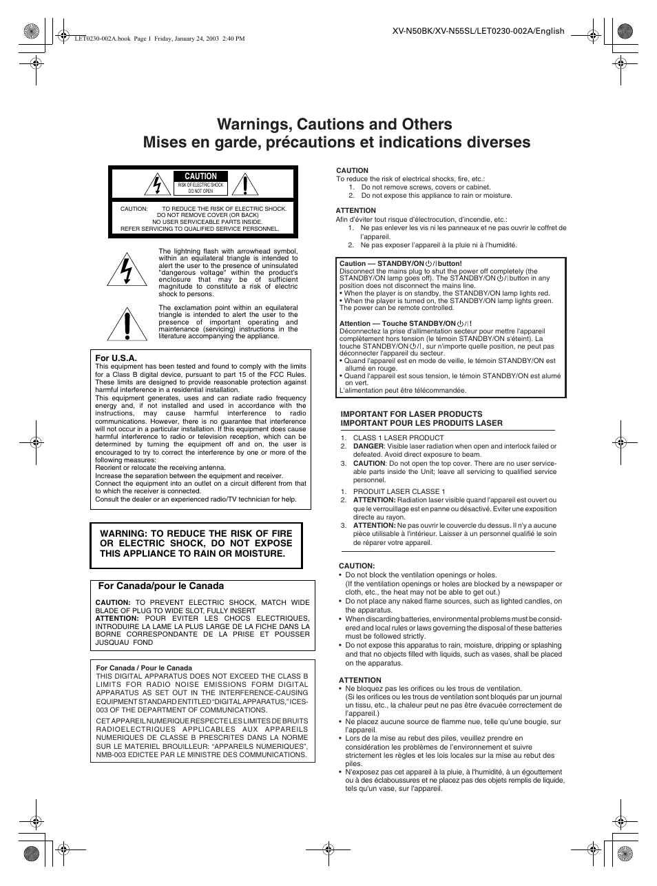 Warnings, For canada/pour le canada | JVC XV-N50BK User Manual | Page 2 / 41