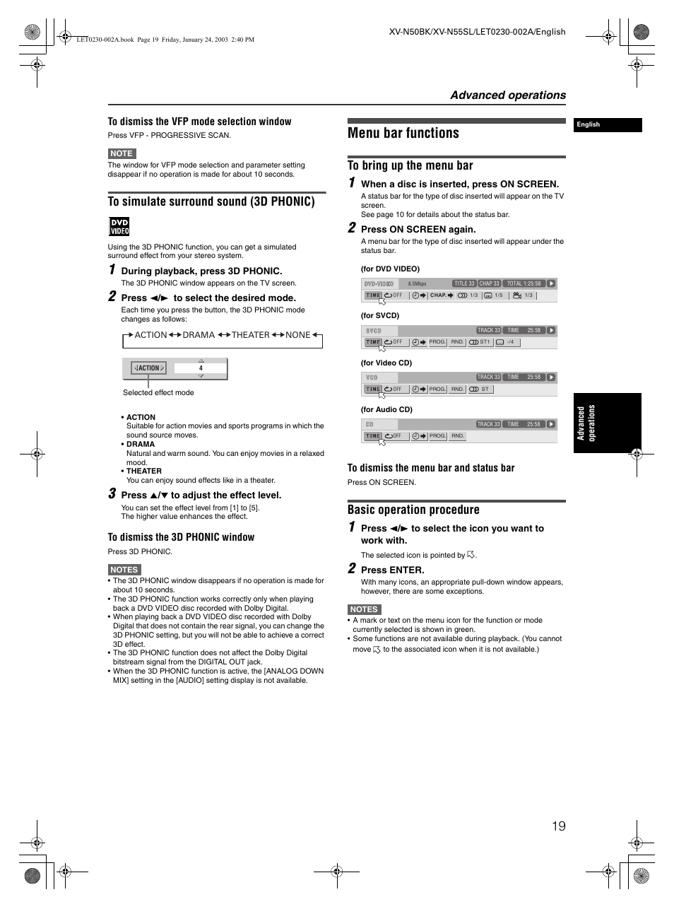 Menu bar functions, Basic operation procedure, Advanced operations | JVC XV-N50BK User Manual | Page 21 / 41