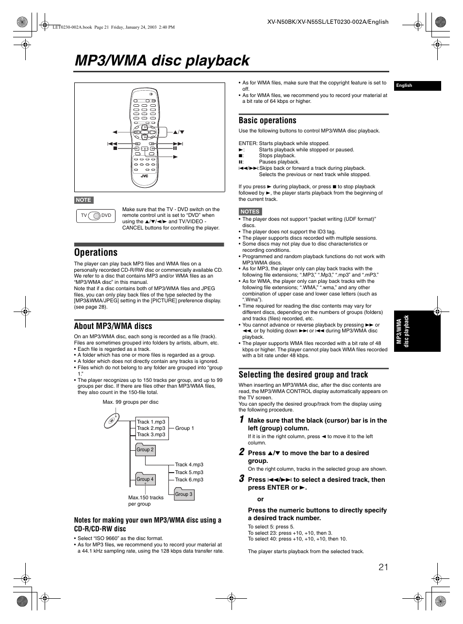 Mp3/wma disc playback, Operations, About mp3/wma discs | Basic operations, Selecting the desired group and track | JVC XV-N50BK User Manual | Page 23 / 41