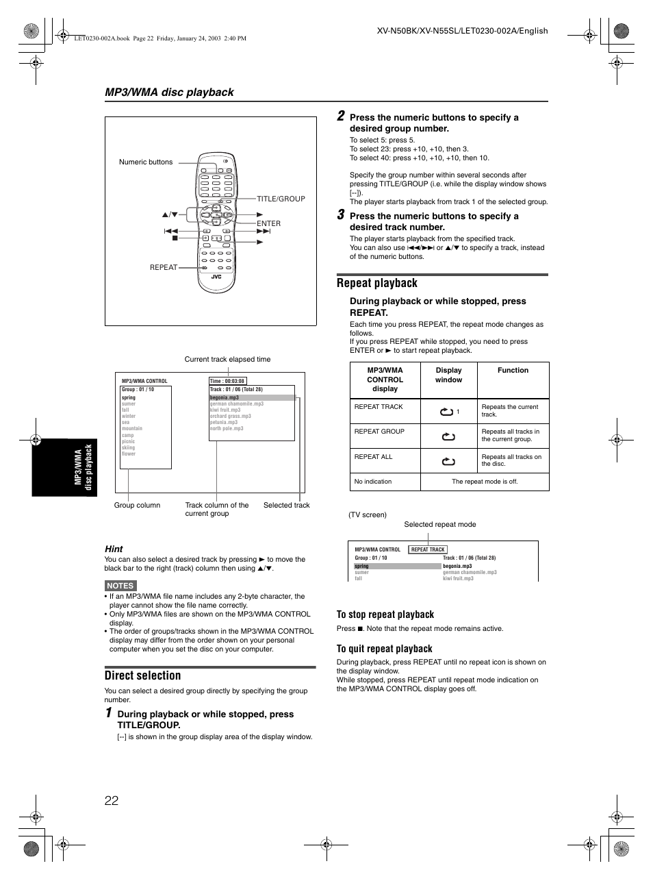 Direct selection, Repeat playback, Mp3/wma disc playback | JVC XV-N50BK User Manual | Page 24 / 41
