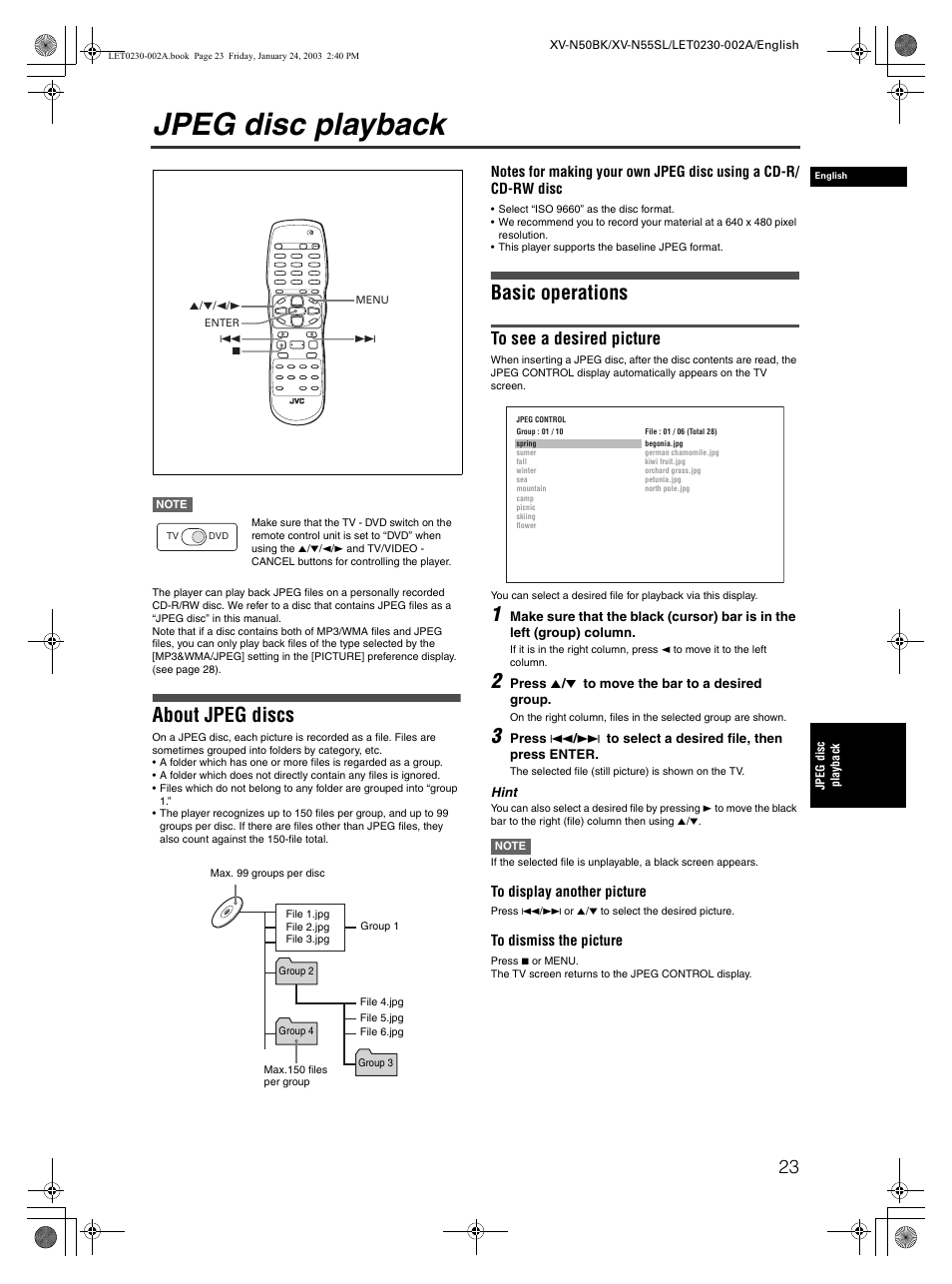 Jpeg disc playback, About jpeg discs, Basic operations | JVC XV-N50BK User Manual | Page 25 / 41