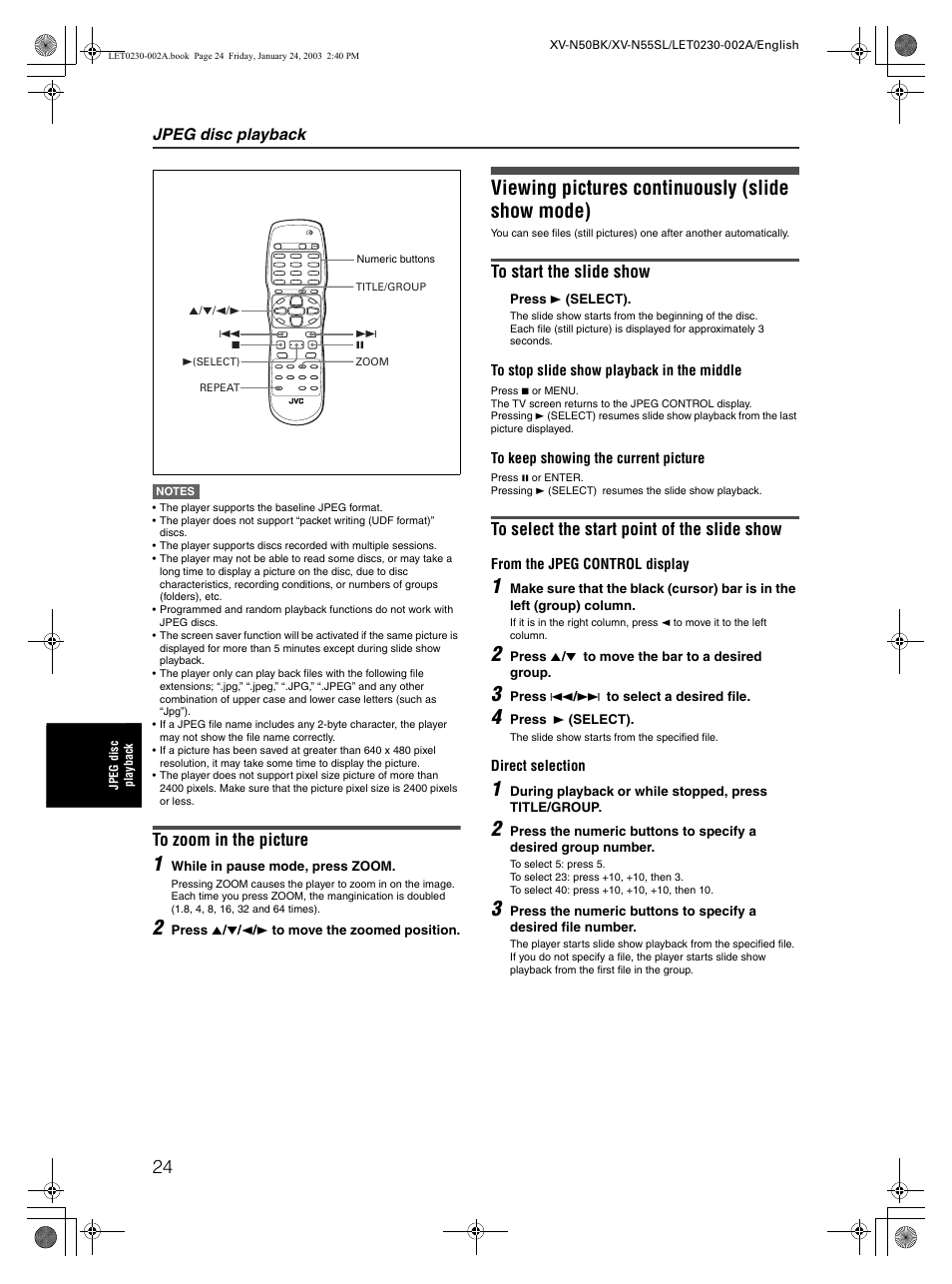 Viewing pictures continuously (slide show mode), Jpeg disc playback | JVC XV-N50BK User Manual | Page 26 / 41