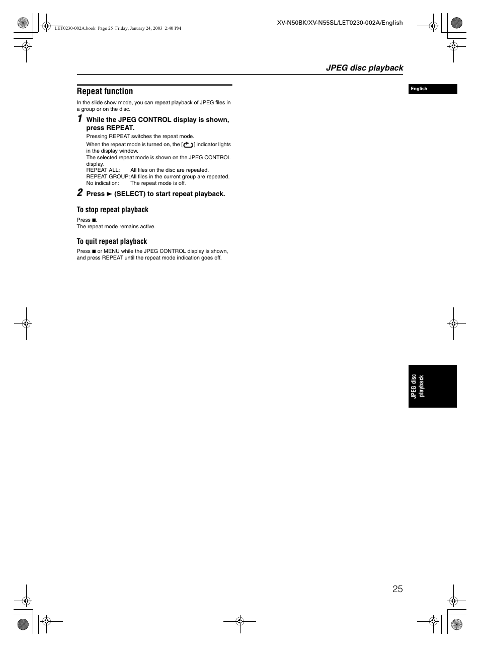 Repeat function, Jpeg disc playback | JVC XV-N50BK User Manual | Page 27 / 41