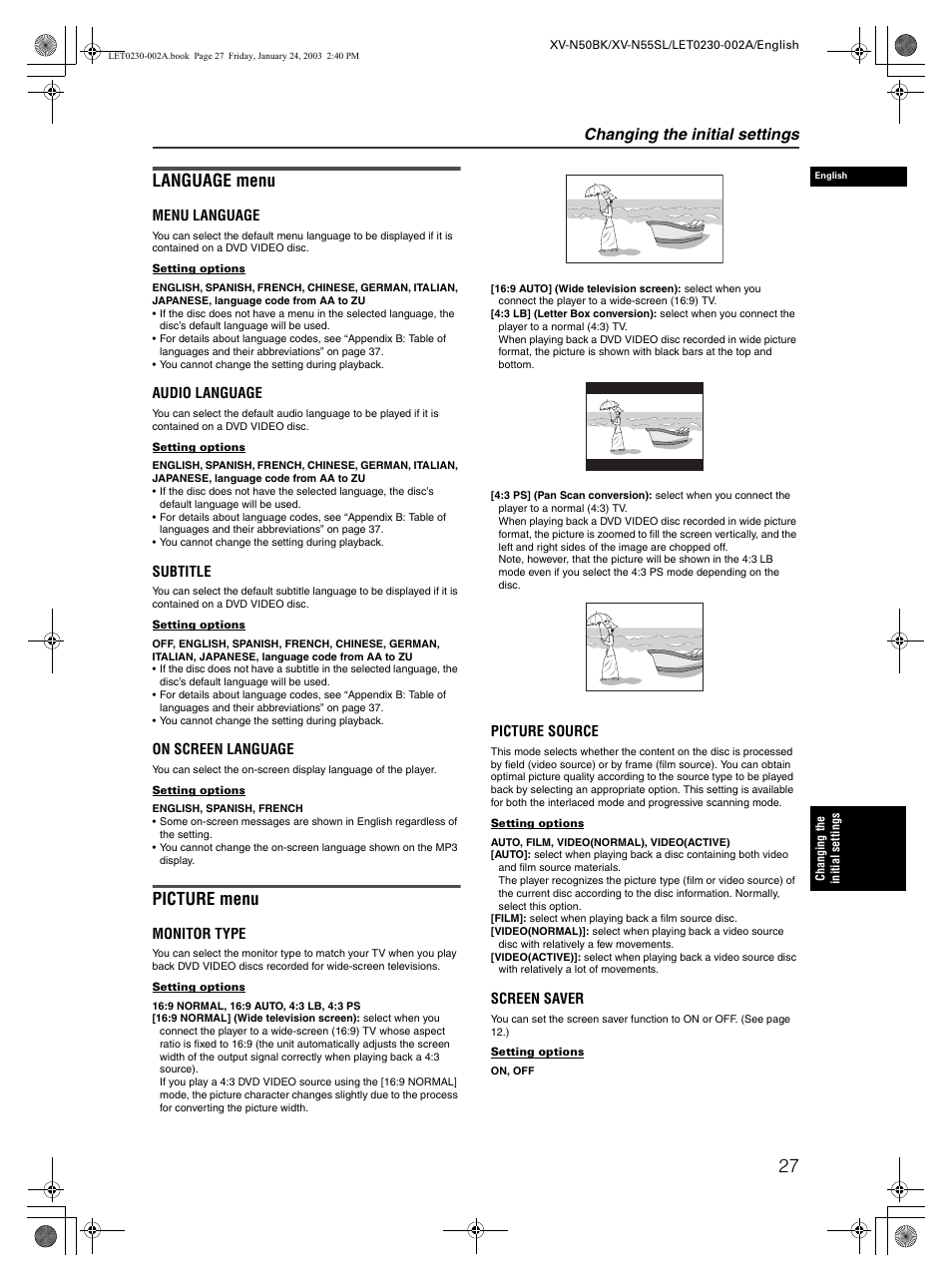Language menu, Picture menu, Changing the initial settings | JVC XV-N50BK User Manual | Page 29 / 41