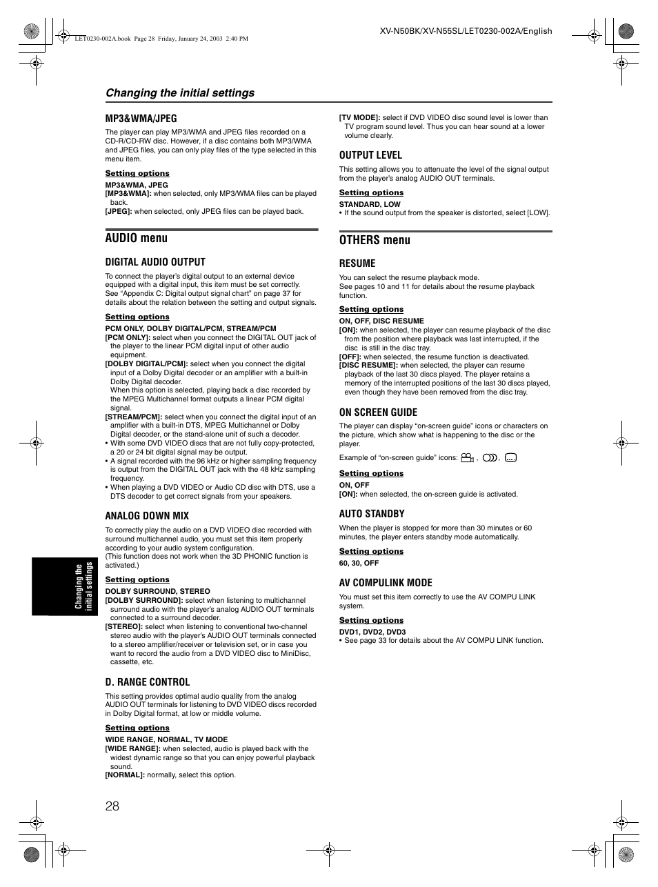 Audio menu, Others menu, Changing the initial settings | JVC XV-N50BK User Manual | Page 30 / 41