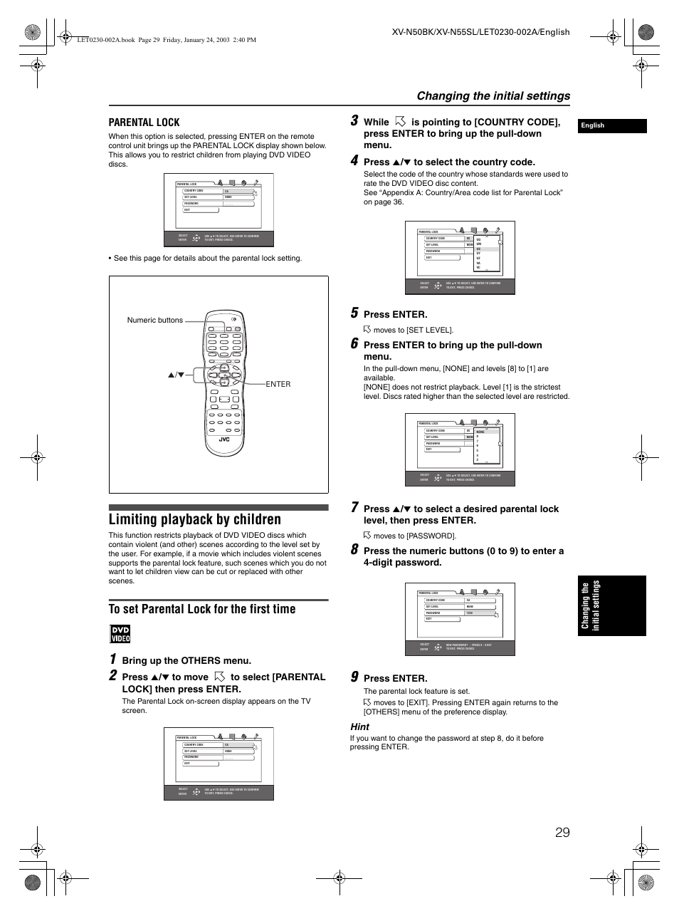 Limiting playback by children, Changing the initial settings, Parental lock | Bring up the others menu, Press 5 / ∞ to select the country code, Press enter, Press enter to bring up the pull-down menu, Hint | JVC XV-N50BK User Manual | Page 31 / 41