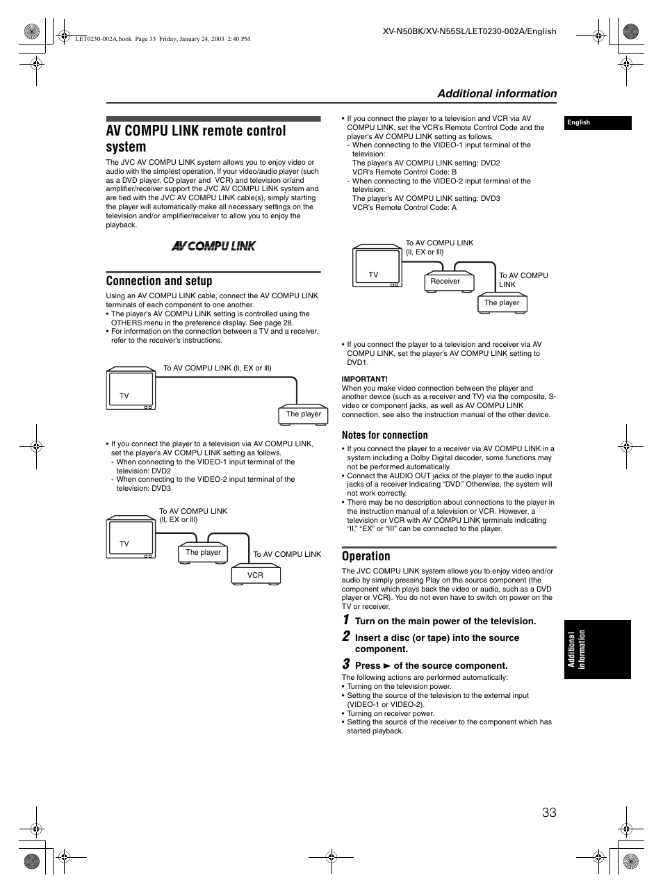 Av compu link remote control system, Connection and setup, Operation | Additional information | JVC XV-N50BK User Manual | Page 35 / 41