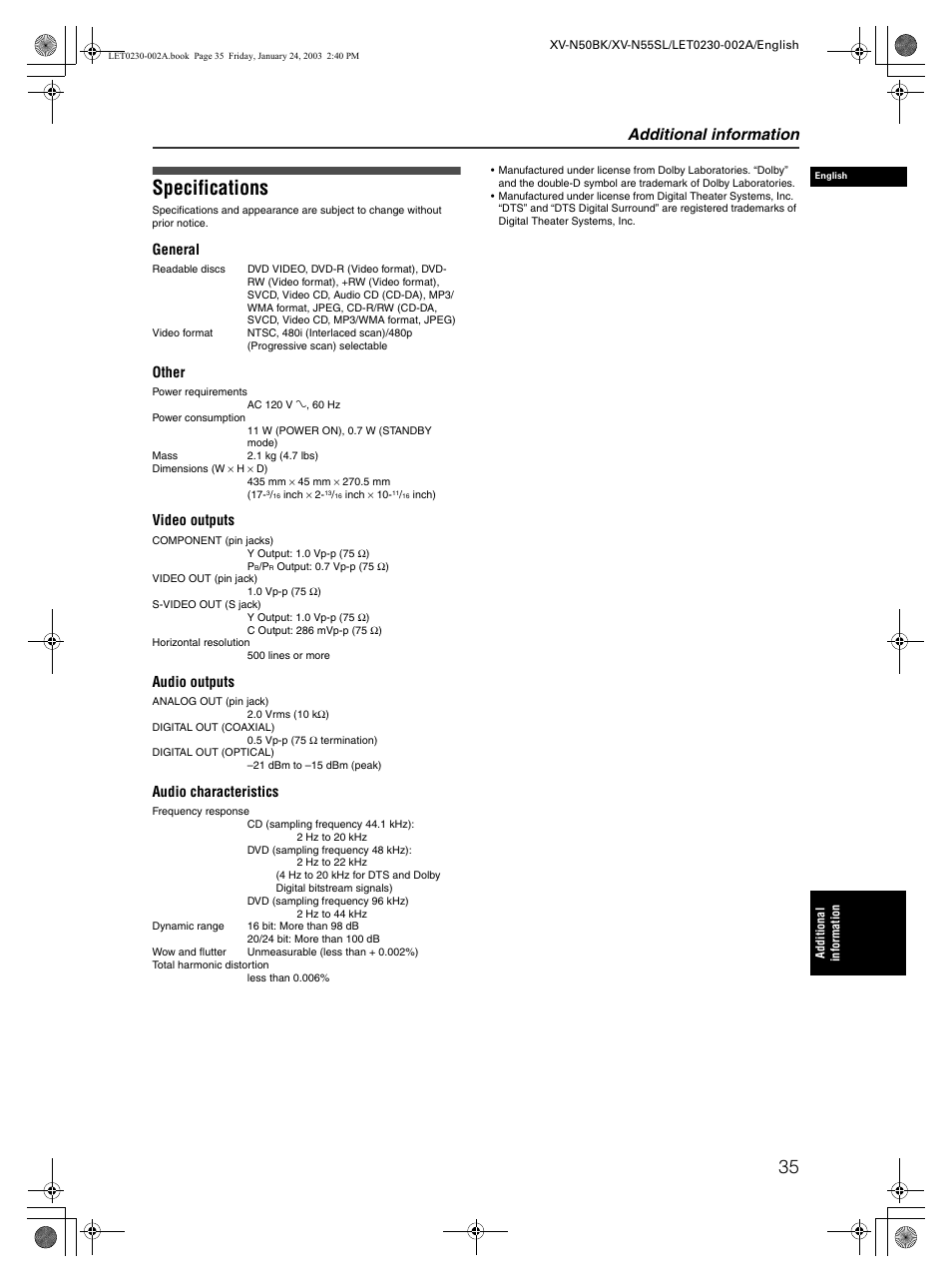 Specifications, Additional information, General | Other, Video outputs, Audio outputs, Audio characteristics | JVC XV-N50BK User Manual | Page 37 / 41