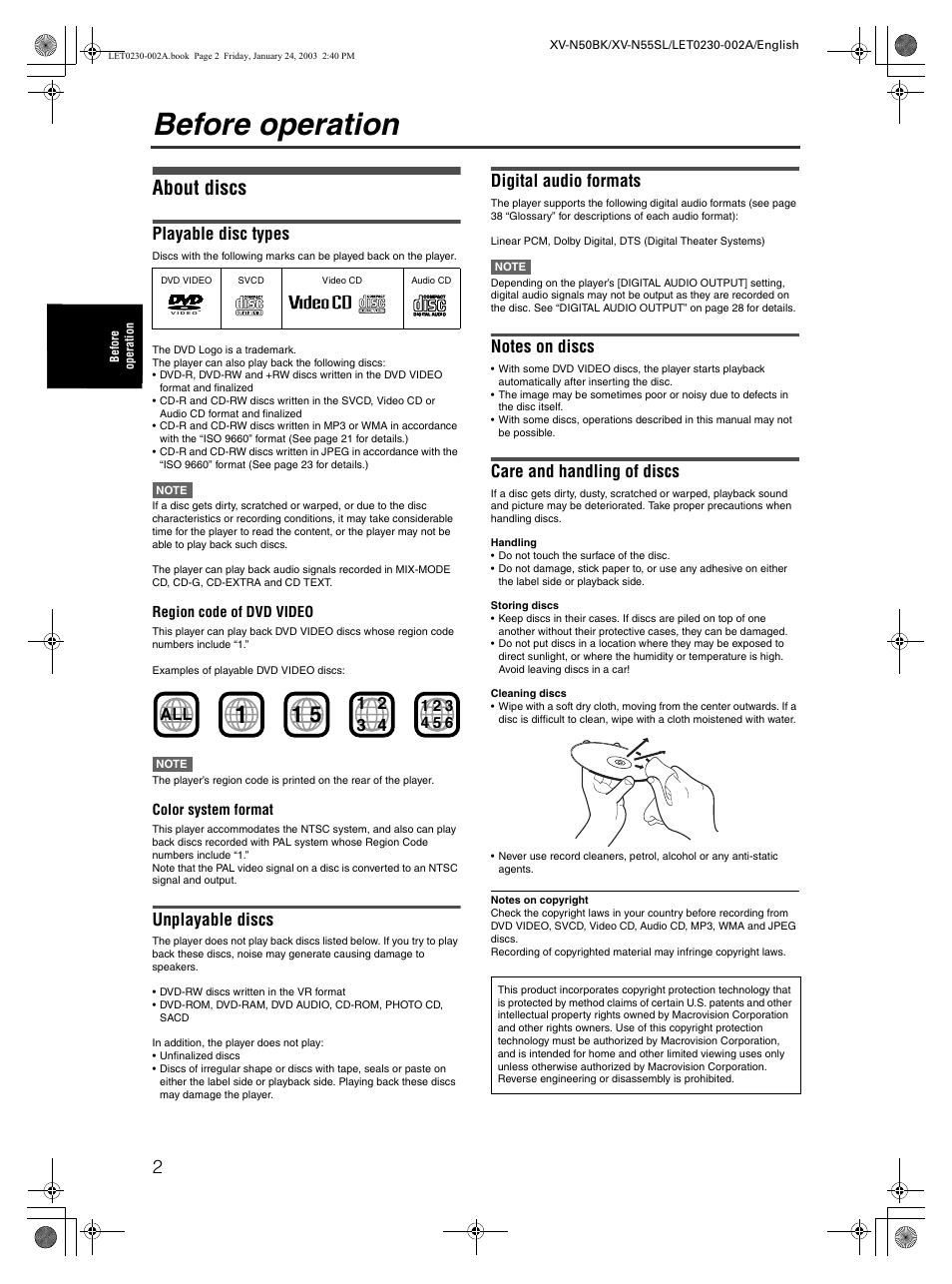 Before operation, About discs, Playable disc types | Unplayable discs, Digital audio formats, Care and handling of discs | JVC XV-N50BK User Manual | Page 4 / 41