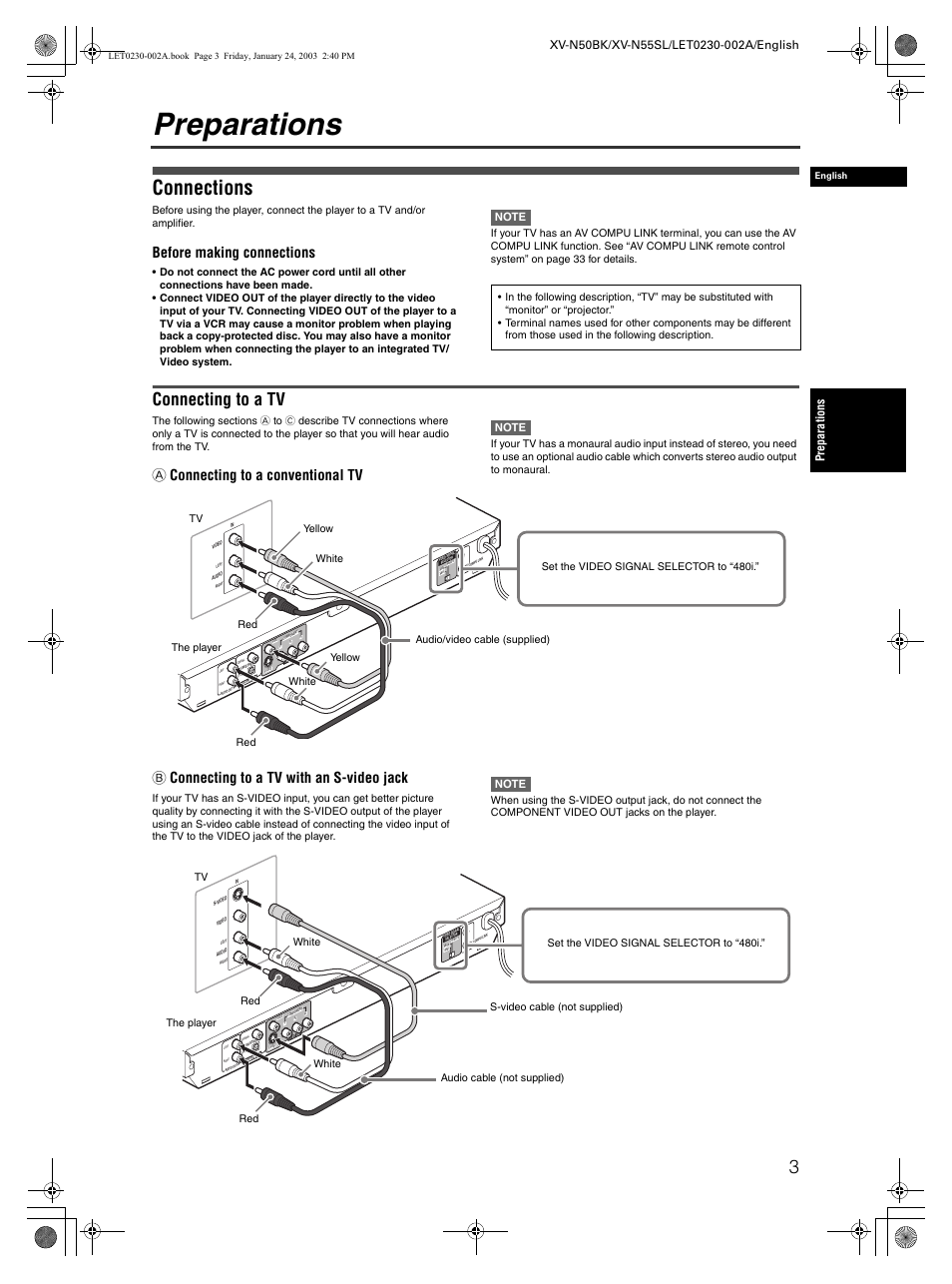 Preparations, Connections, Connecting to a tv | Before making connections, A connecting to a conventional tv, B connecting to a tv with an s-video jack | JVC XV-N50BK User Manual | Page 5 / 41