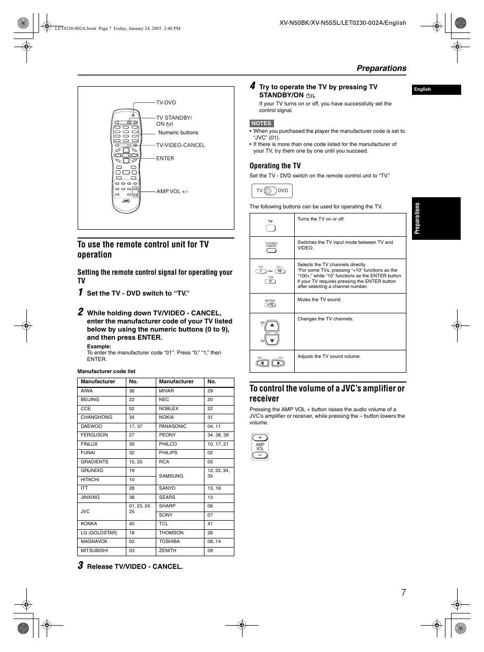 Preparations, Operating the tv | JVC XV-N50BK User Manual | Page 9 / 41