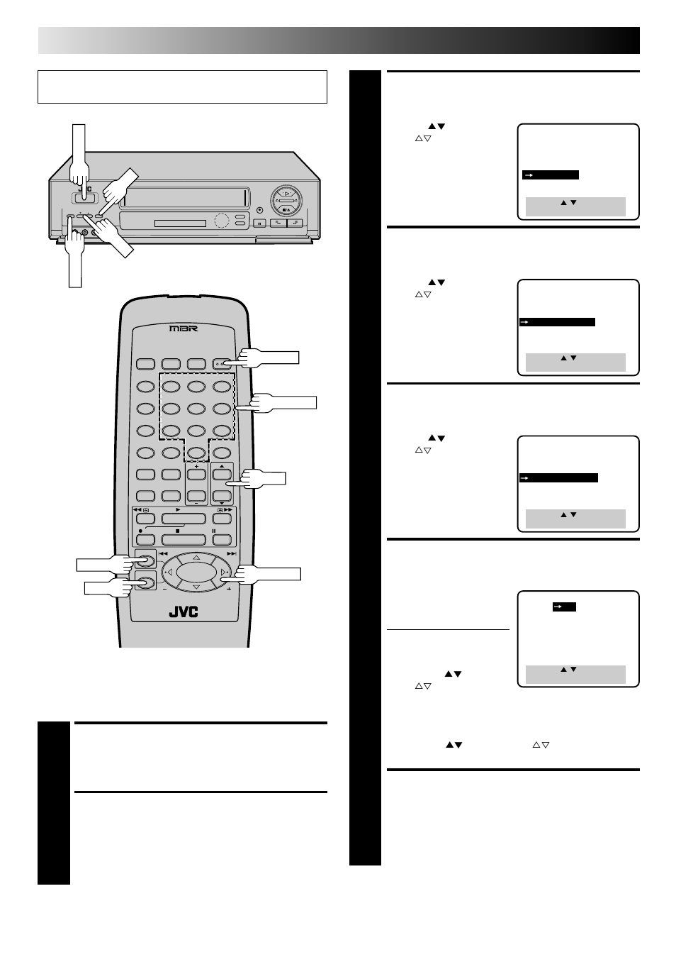 Access custom set screen, Access vcr plus+ set-up screen, Access cable box output screen | Select cable box output channel, Return to vcr plus+ set-up screen, Turn on the vcr, Access main menu screen, Initial settings (cont.), Set cable box output channel | JVC HR-DD740U User Manual | Page 16 / 68