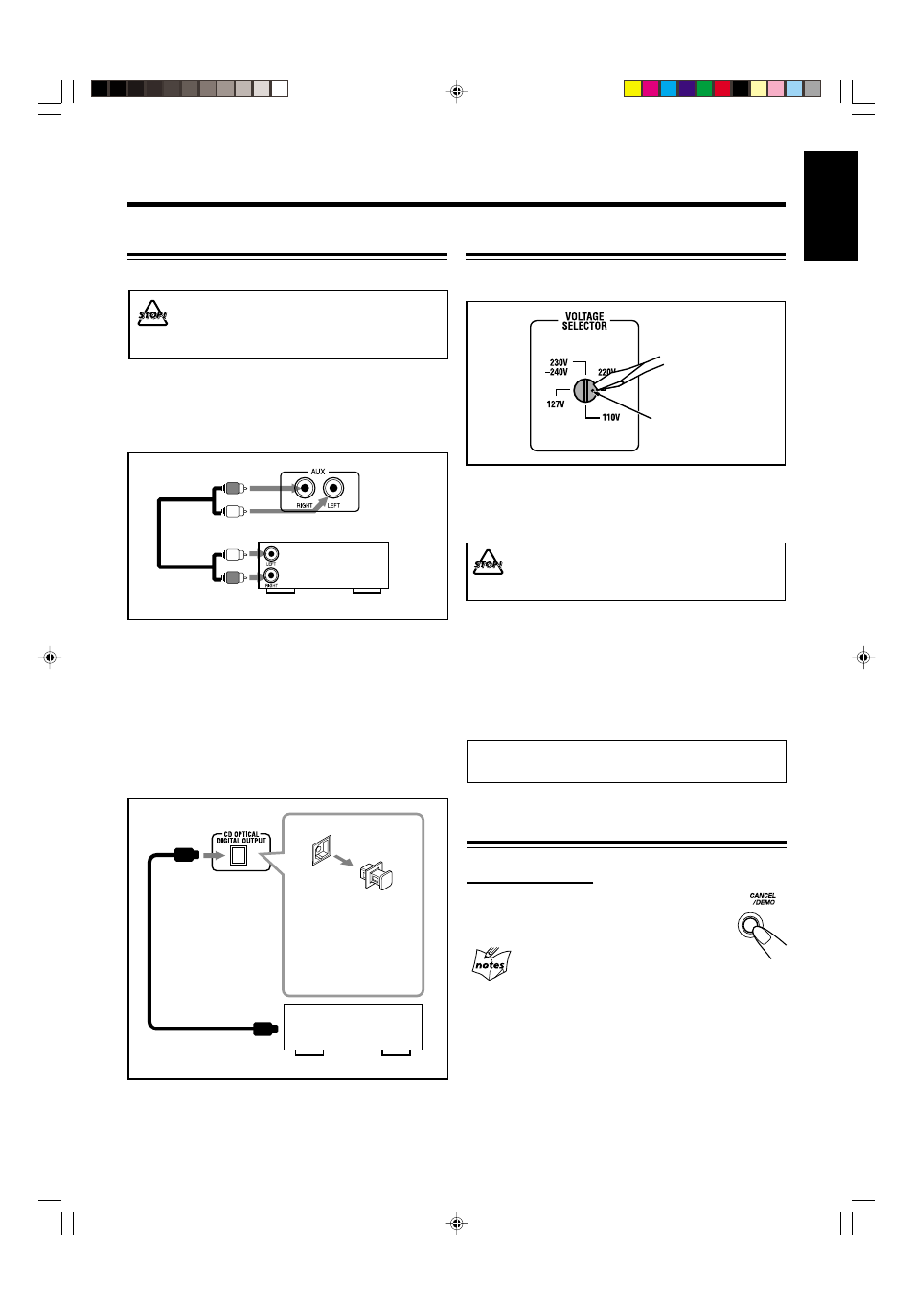 Now, you can plug in the ac power cord, Connecting other equipment, Cancelling the display demonstration | Adjusting the voltage selector | JVC CA-MXG950V User Manual | Page 13 / 64