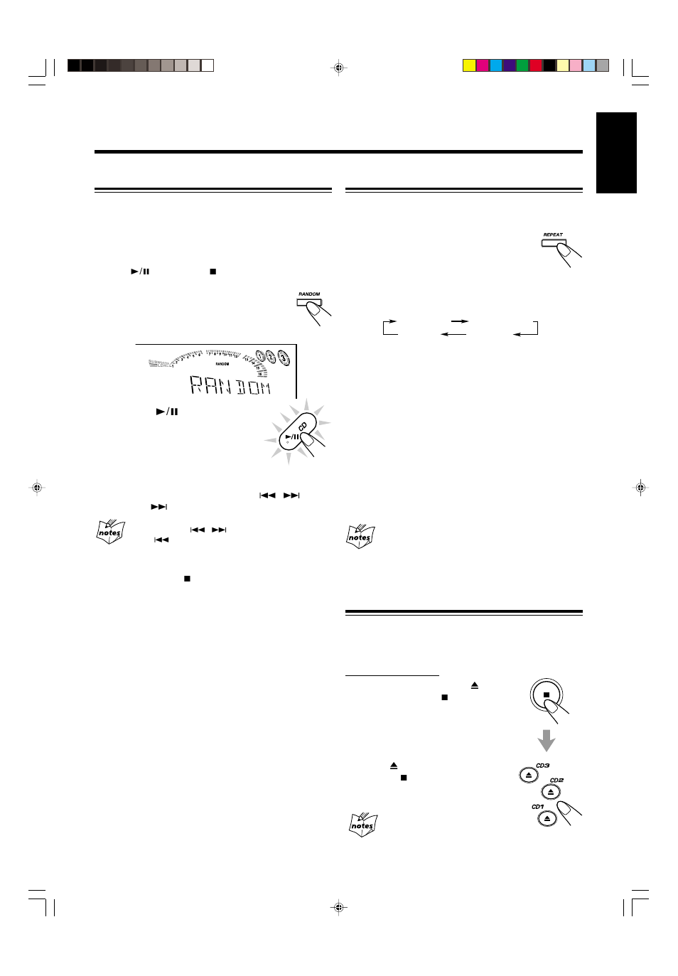 Playing at random — random play, Repeating tracks or cds — repeat play, Prohibiting disc ejection — tray lock | JVC CA-MXG950V User Manual | Page 21 / 64