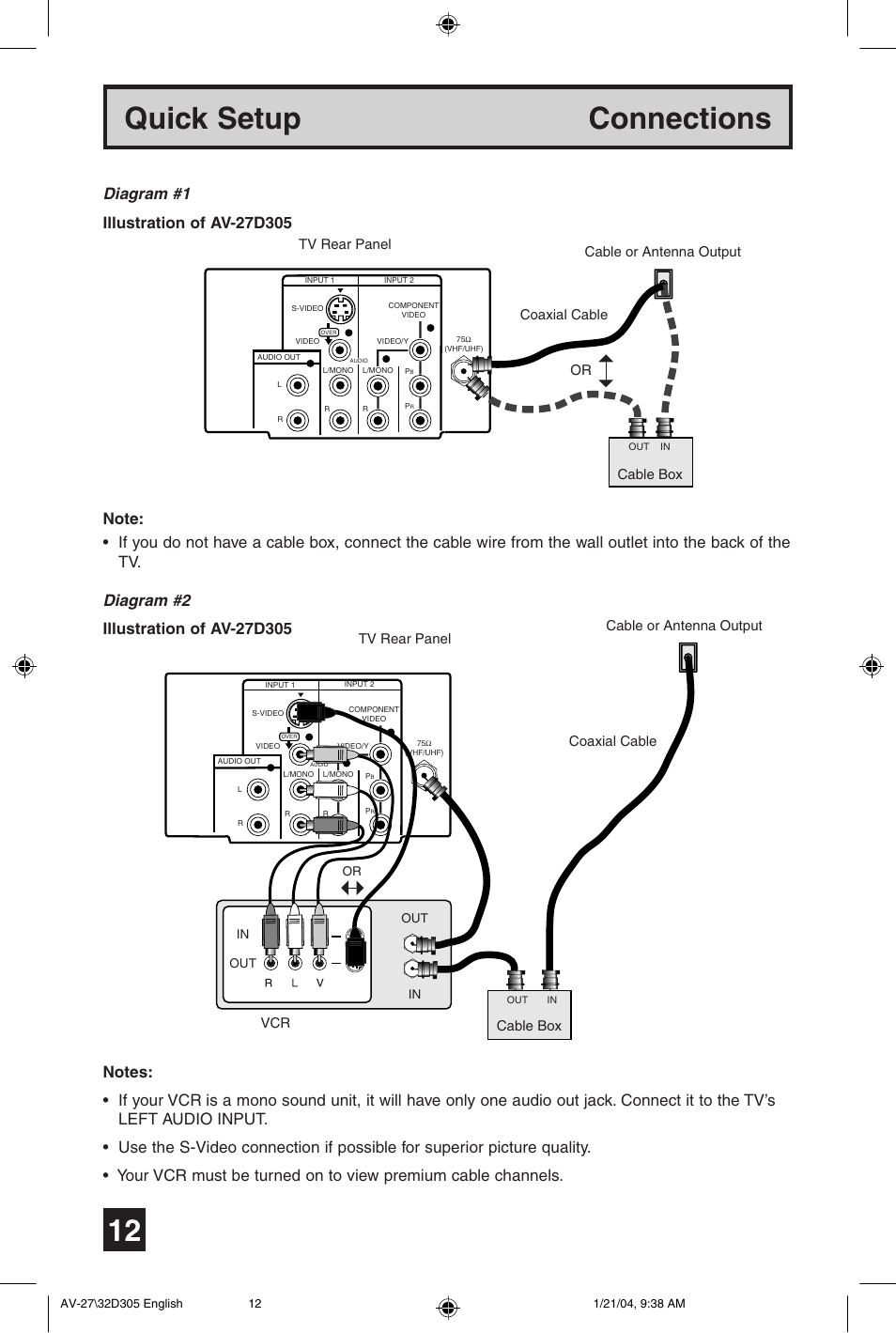 Quick setup connections | JVC AV 32D305 User Manual | Page 12 / 48