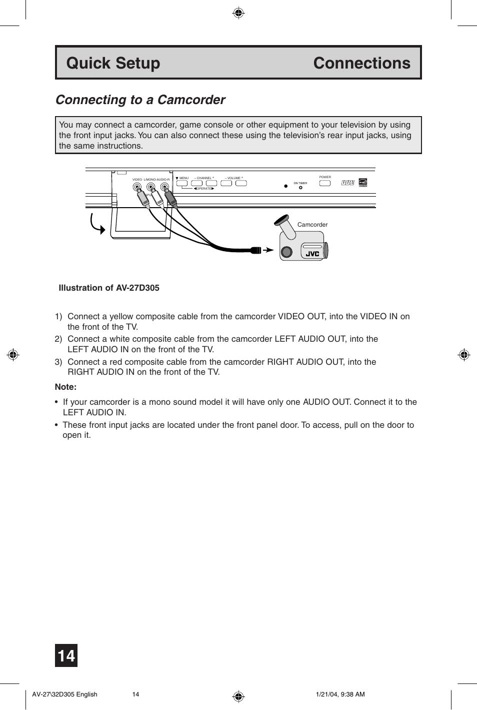 Quick setup connections, Connecting to a camcorder | JVC AV 32D305 User Manual | Page 14 / 48