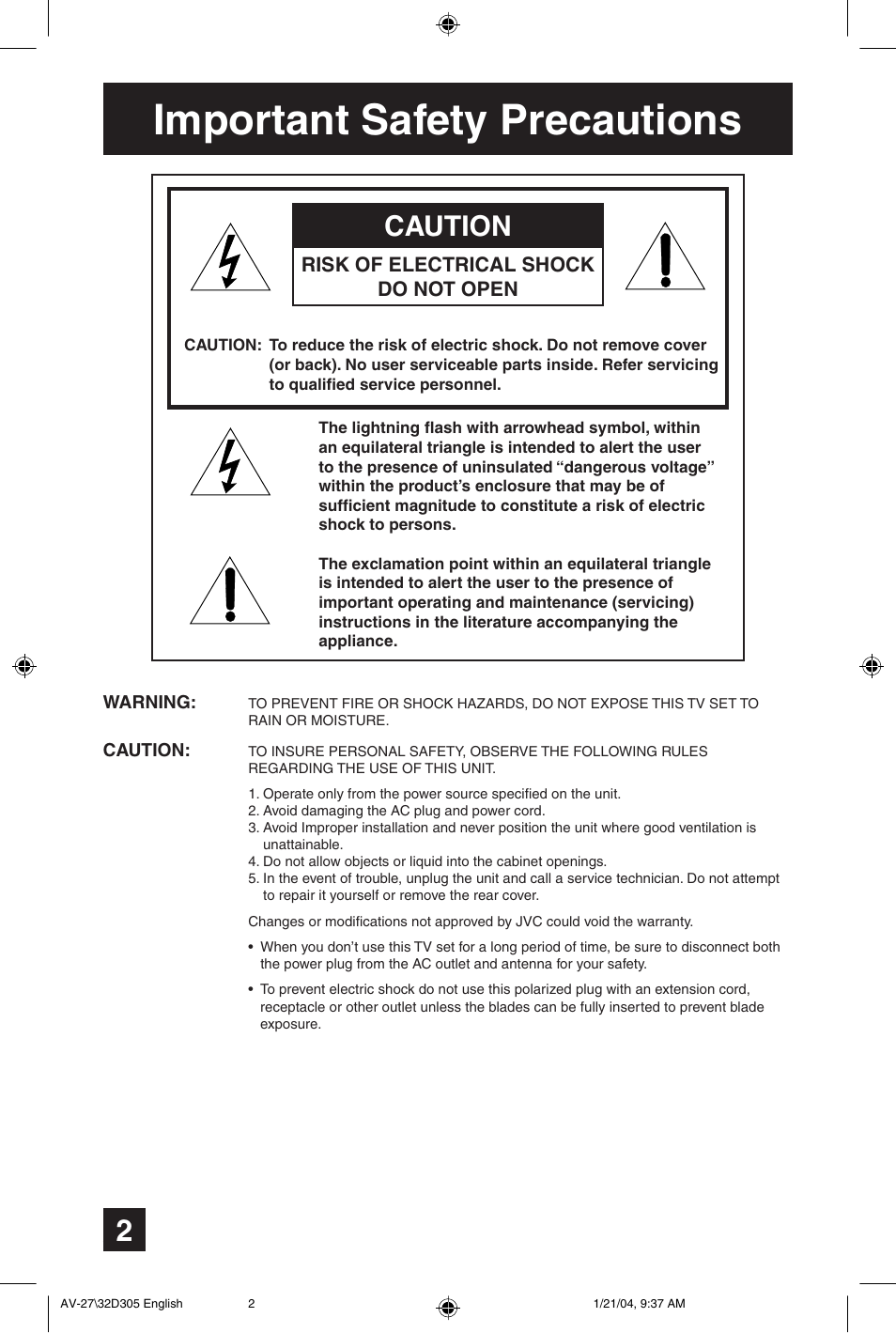 Important safety precautions, Caution, Risk of electrical shock do not open | JVC AV 32D305 User Manual | Page 2 / 48