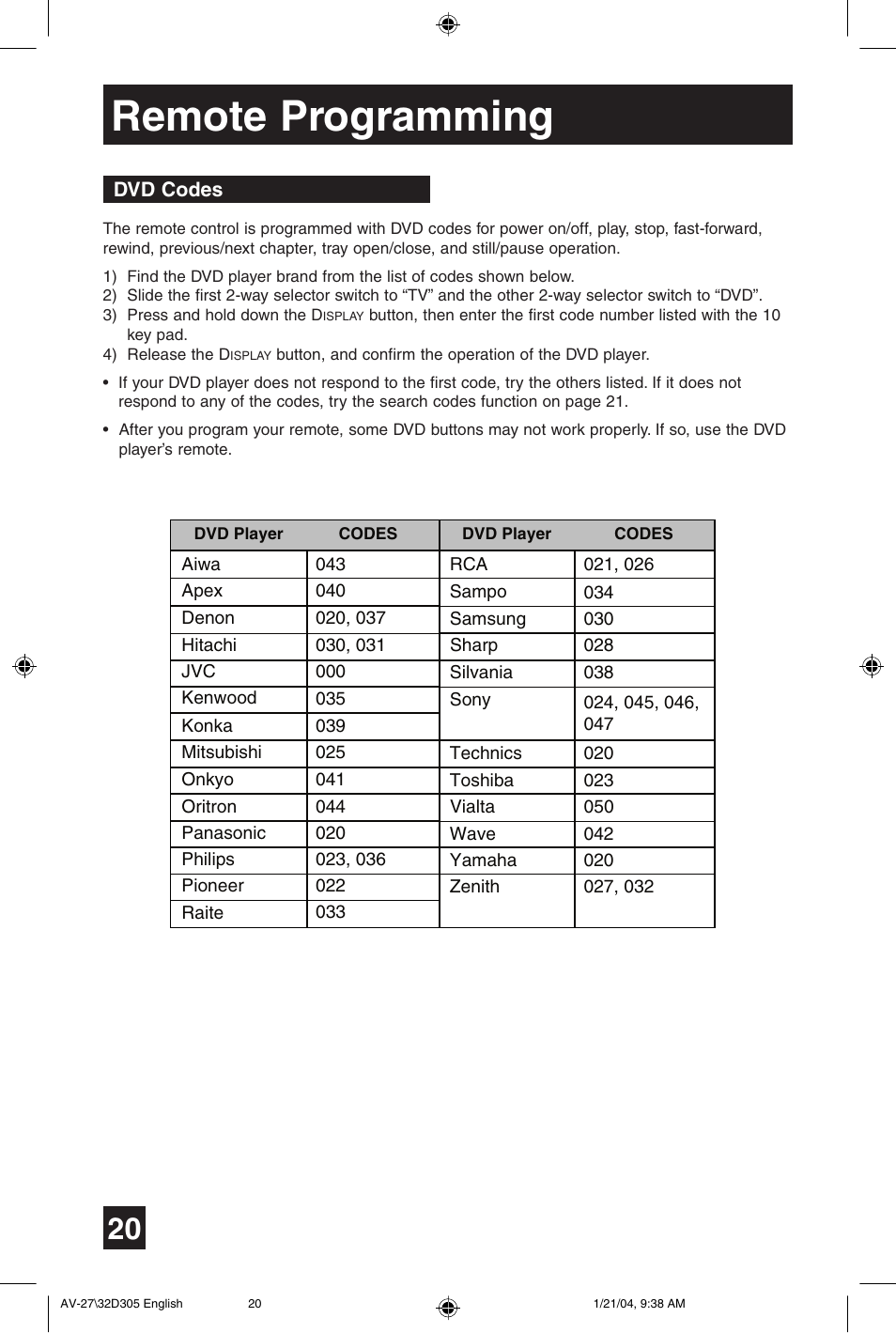 Remote programming | JVC AV 32D305 User Manual | Page 20 / 48