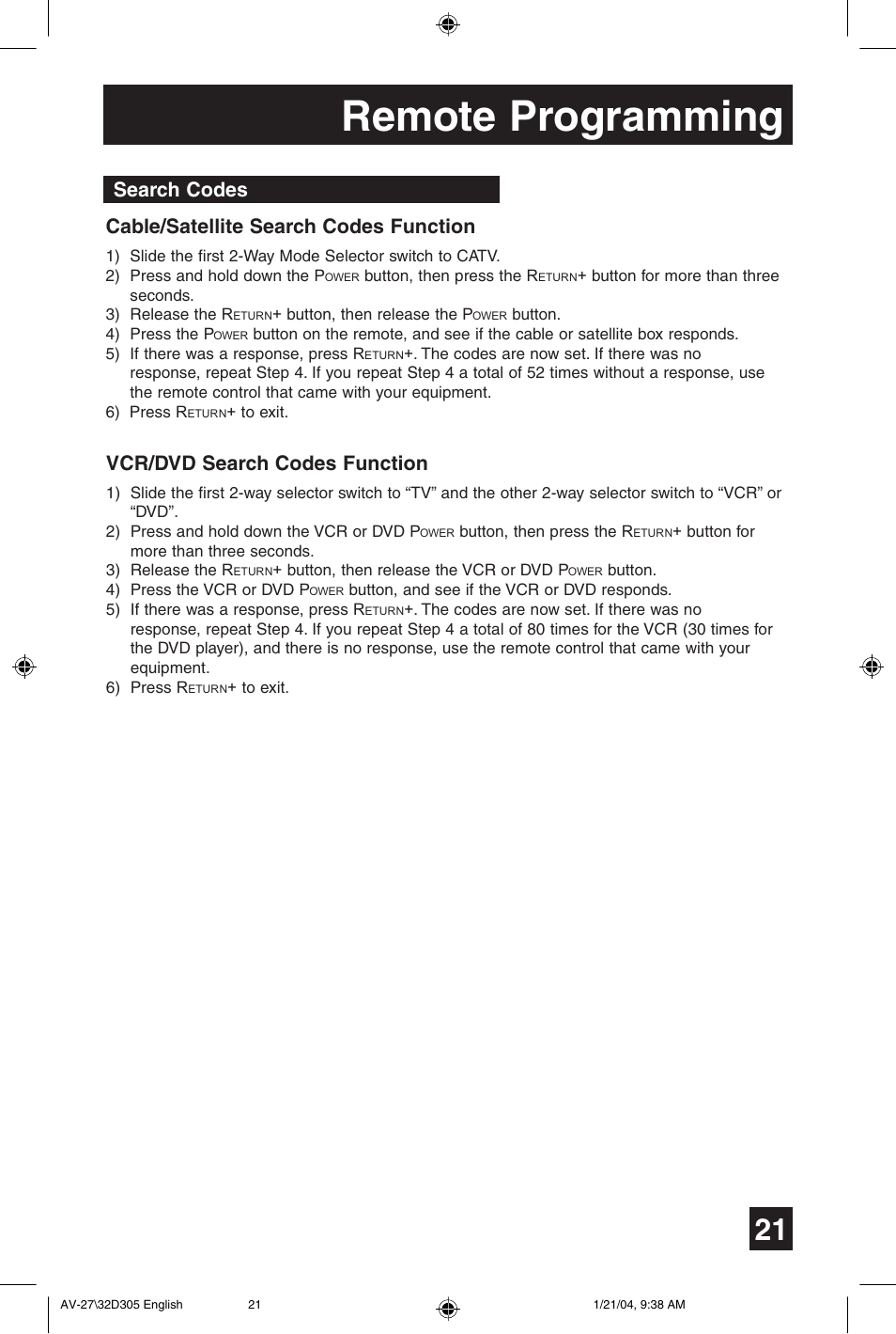 Remote programming, Search codes cable/satellite search codes function, Vcr/dvd search codes function | JVC AV 32D305 User Manual | Page 21 / 48