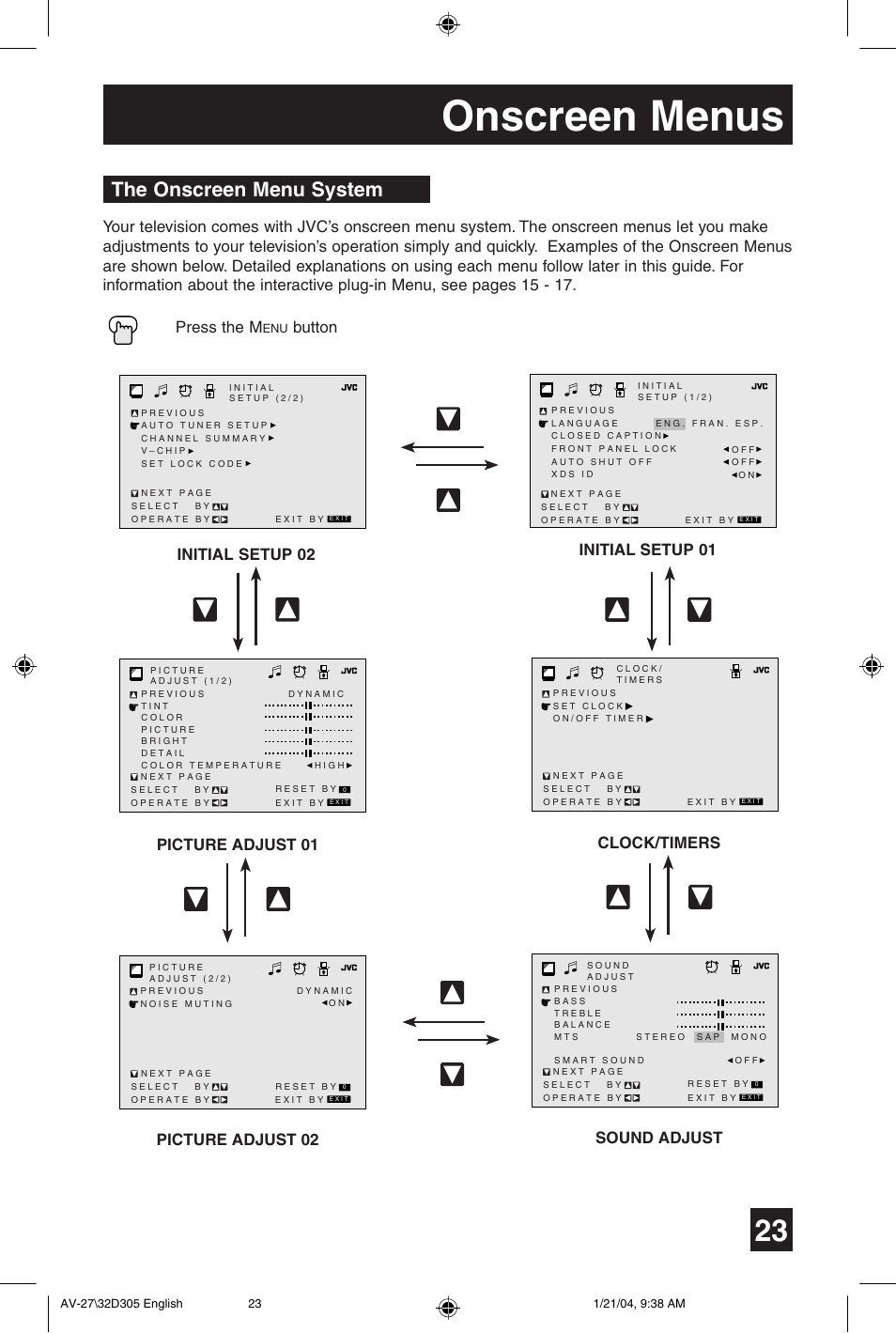 Onscreen menus, The onscreen menu system, Press the m | Button | JVC AV 32D305 User Manual | Page 23 / 48