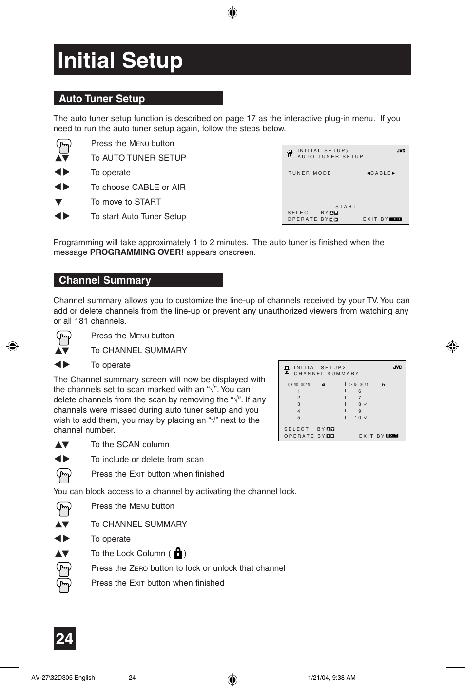 Initial setup, Auto tuner setup, Channel summary | JVC AV 32D305 User Manual | Page 24 / 48