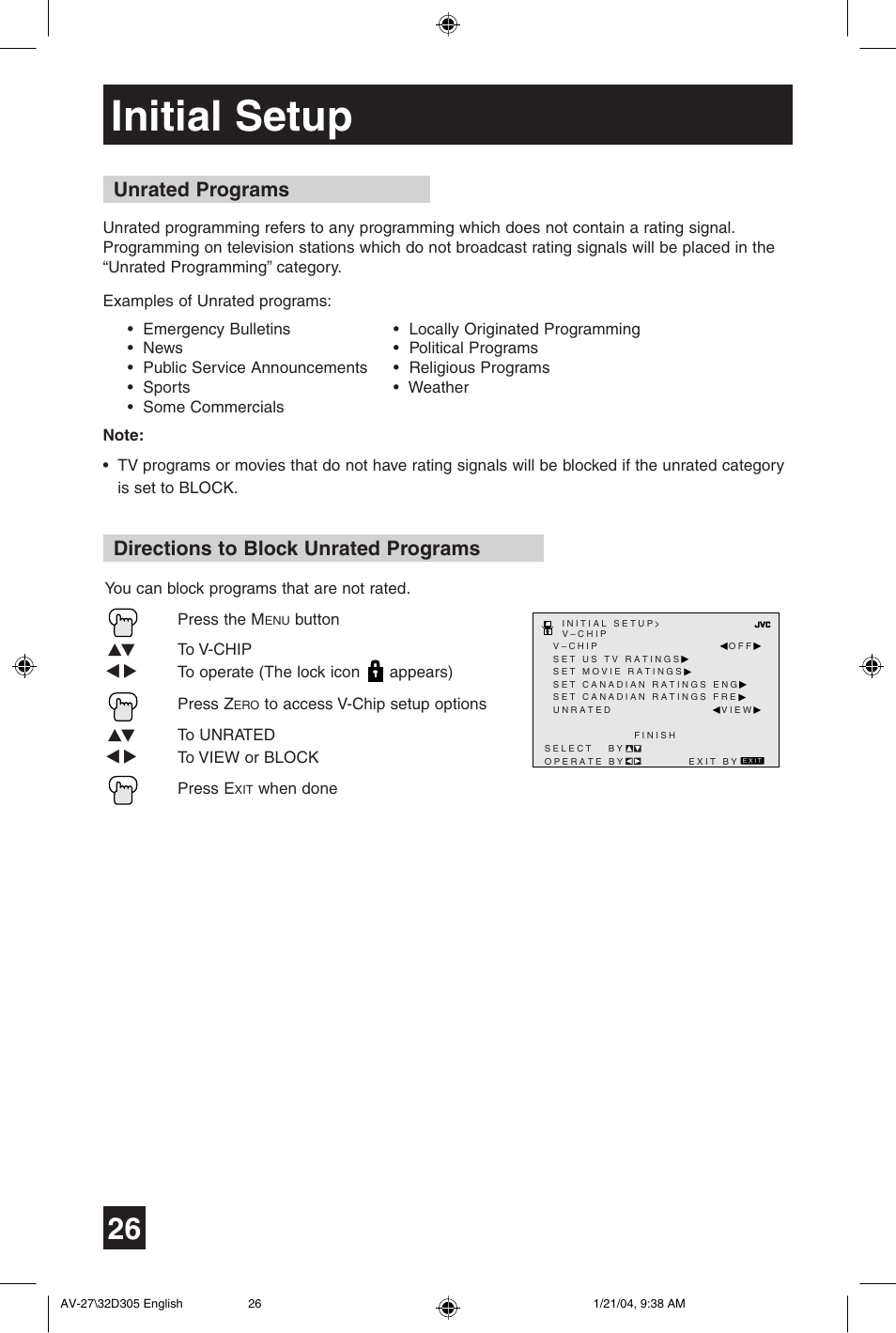 Initial setup, Directions to block unrated programs, Unrated programs | JVC AV 32D305 User Manual | Page 26 / 48
