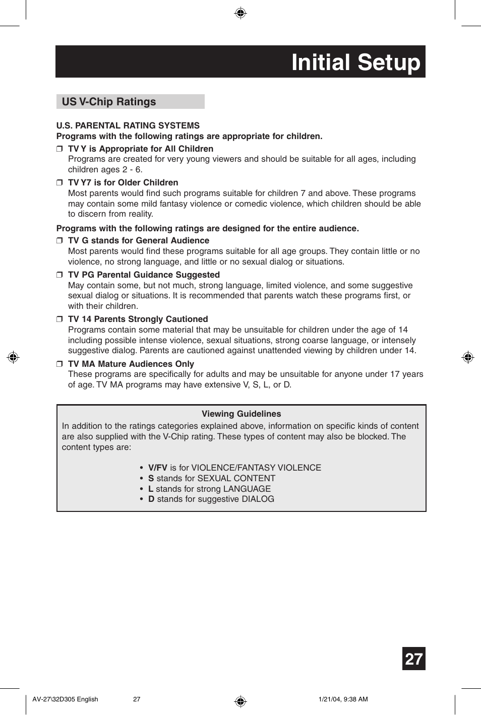 Initial setup | JVC AV 32D305 User Manual | Page 27 / 48