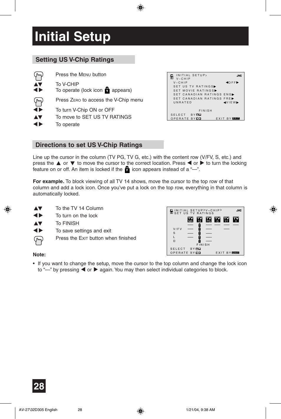 Initial setup, Directions to set us v-chip ratings, Setting us v-chip ratings | JVC AV 32D305 User Manual | Page 28 / 48