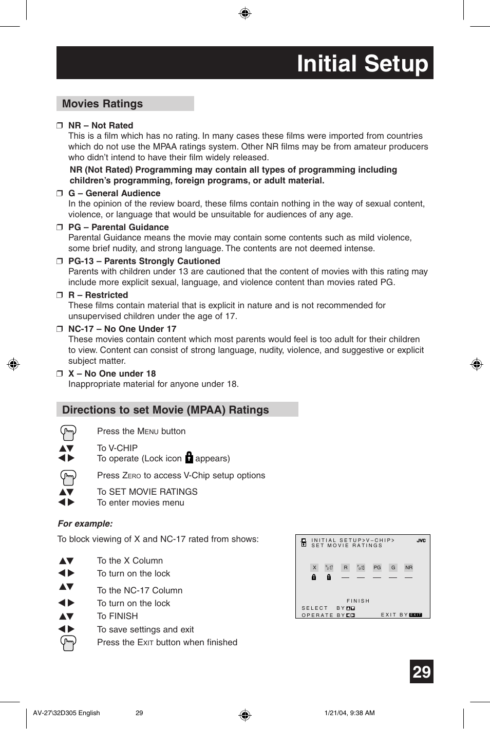 Initial setup, Movies ratings, Directions to set movie (mpaa) ratings | JVC AV 32D305 User Manual | Page 29 / 48