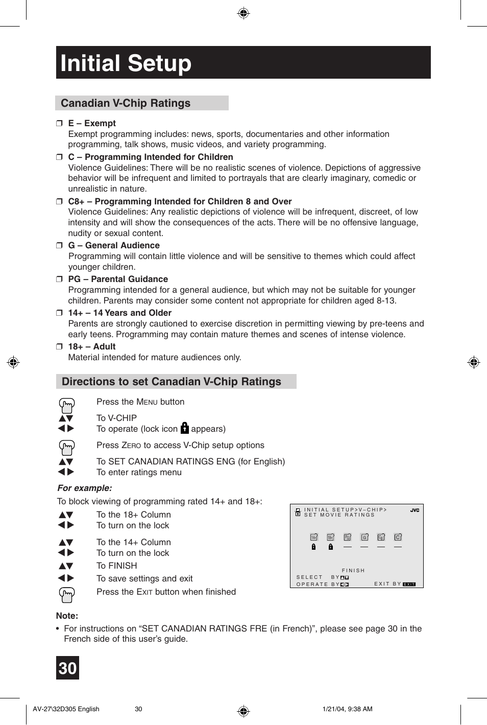 Initial setup, Directions to set canadian v-chip ratings, Canadian v-chip ratings | JVC AV 32D305 User Manual | Page 30 / 48