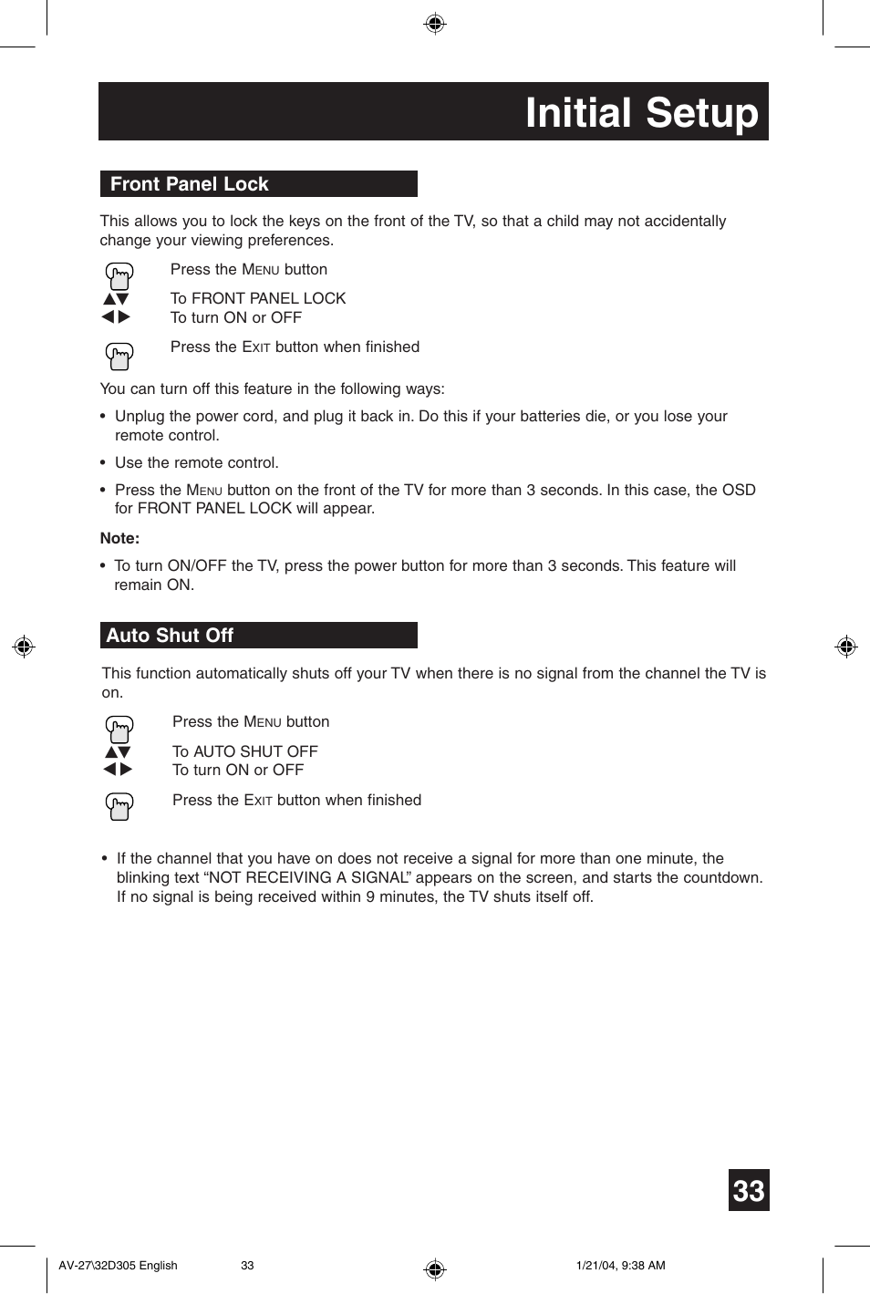 Initial setup, Front panel lock, Auto shut off | JVC AV 32D305 User Manual | Page 33 / 48