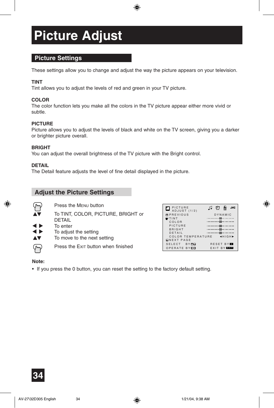 Picture adjust, Picture settings adjust the picture settings | JVC AV 32D305 User Manual | Page 34 / 48