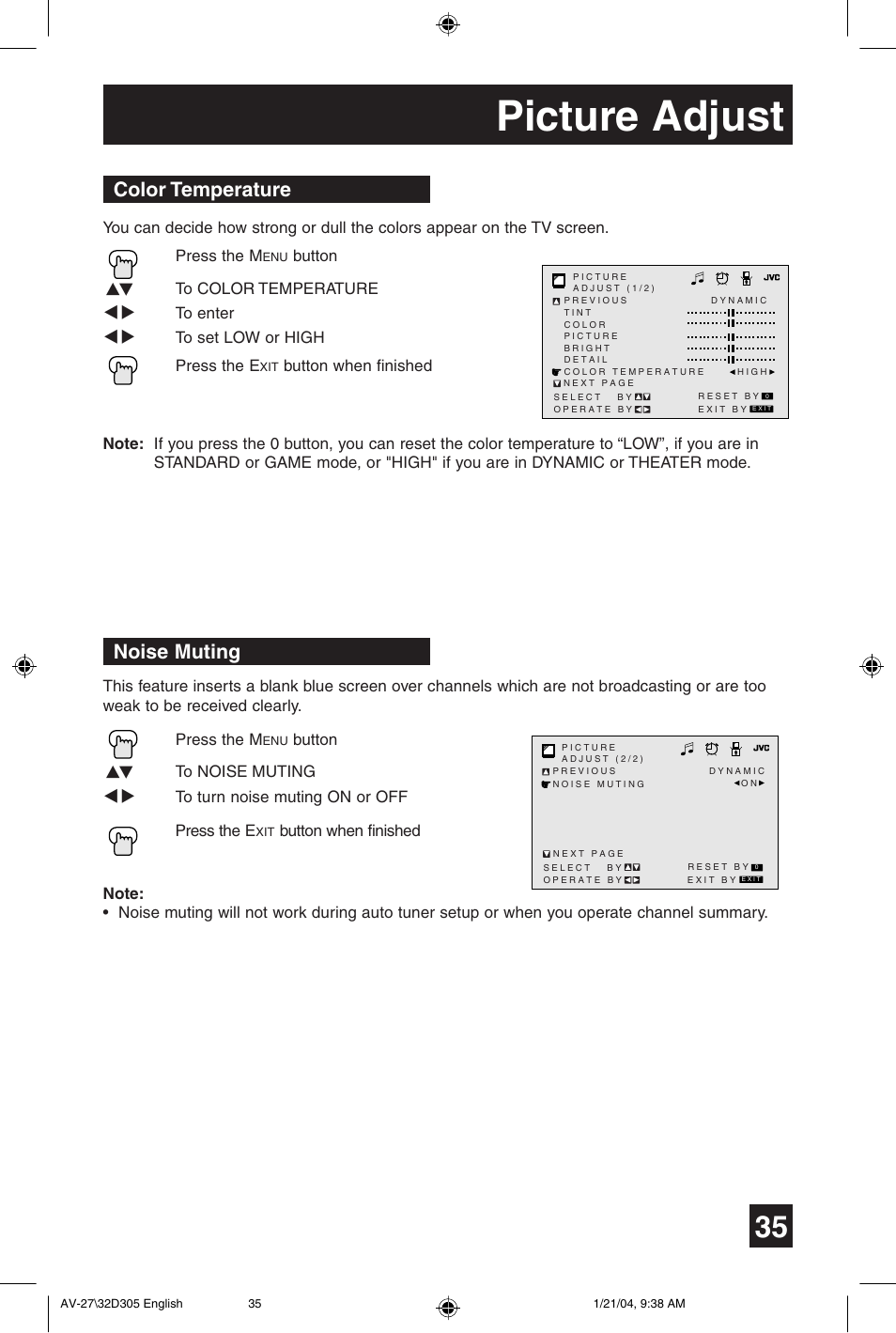 Picture adjust, Noise muting color temperature | JVC AV 32D305 User Manual | Page 35 / 48